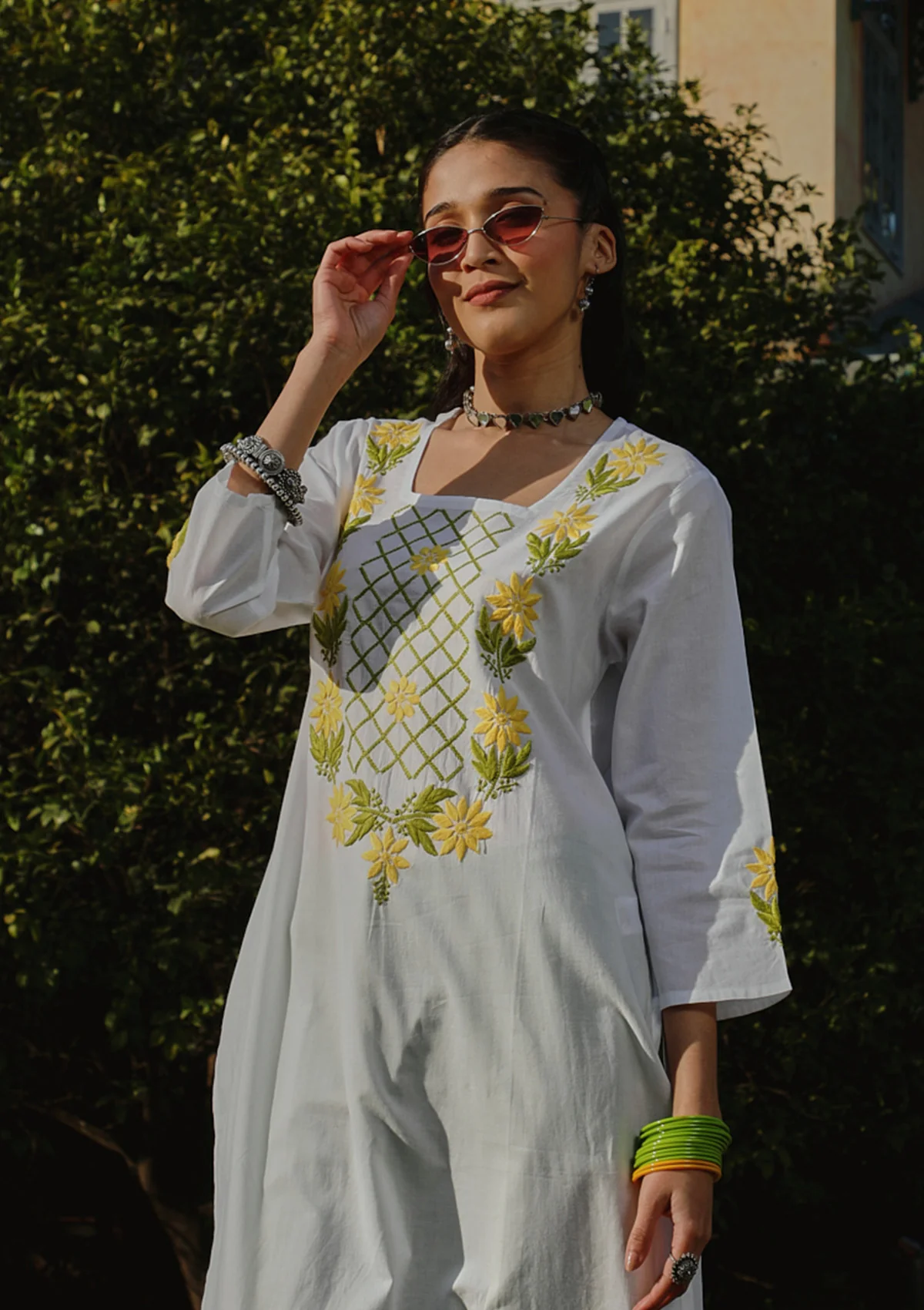 HOC Cotton Chikankari Solid Women's Long Kurta - White - Healthber