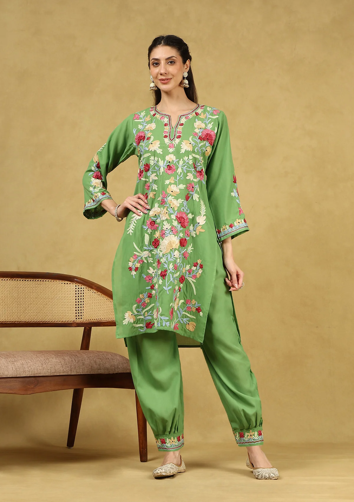 HOC Cotton Aari Embroidered Solid Women's 3 PC Short Kurta Set with Dupatta - Parrot Green - Healthber
