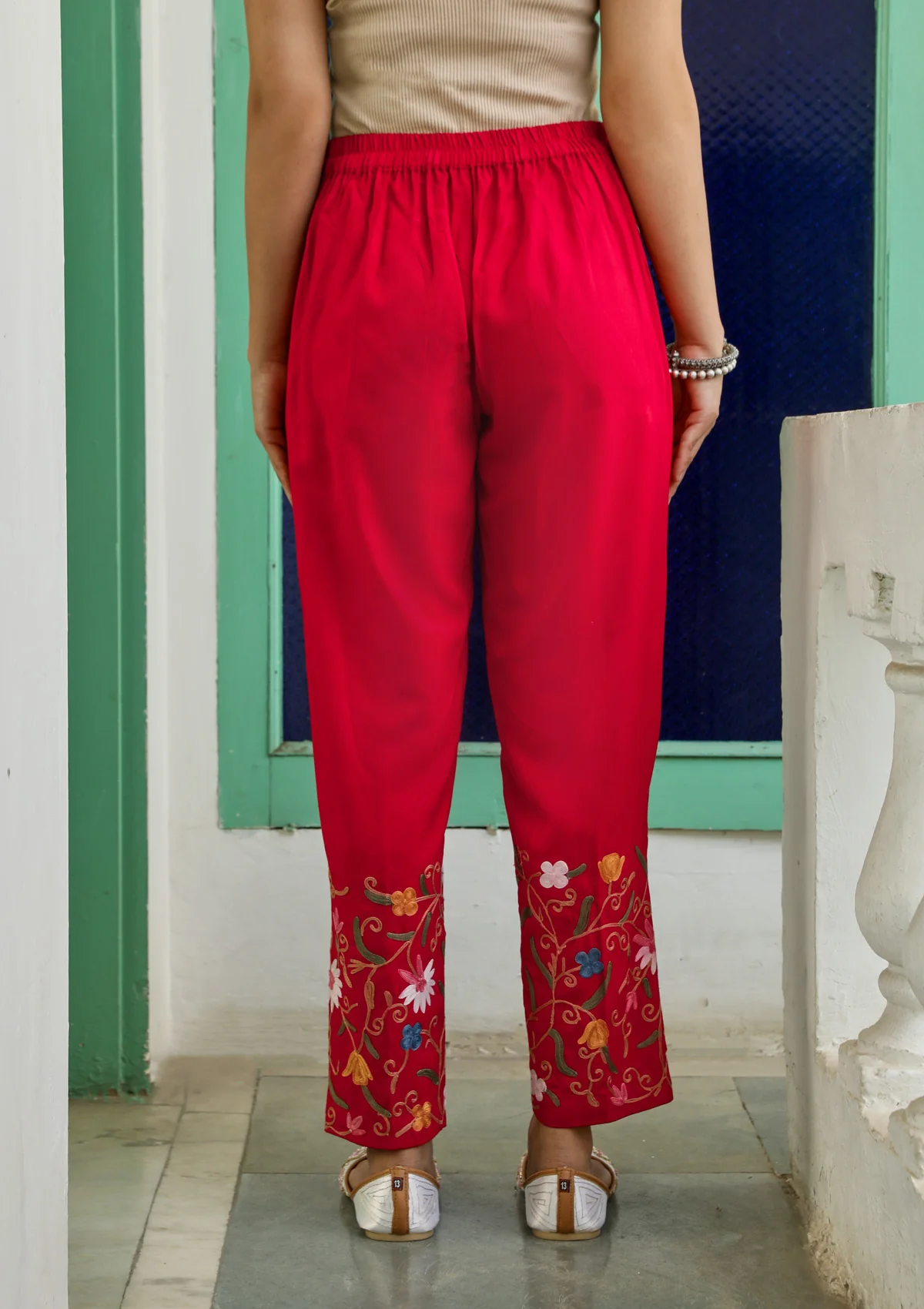 HOC Cotton Aari Embroidered Solid Women's 3 PC Long Kurta Set with Dupatta - Red - Healthber