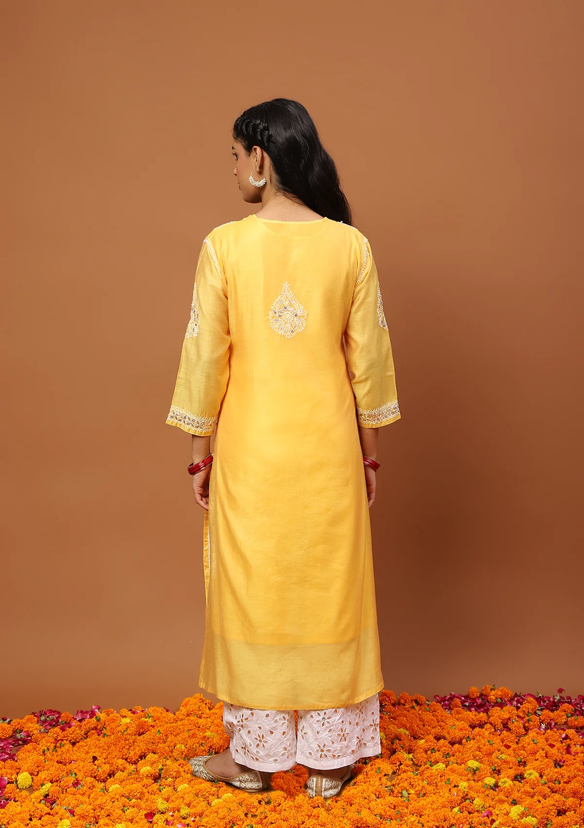 HOC Chanderi Chikankari Gota Work Solid Women's 4 PC Long Kurta Set -Mustard - Healthber