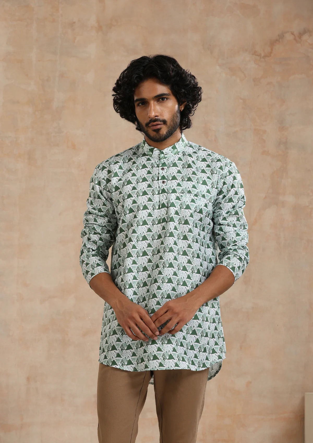 HOC Poly Cotton Printed Men's Short Kurta - Green - Healthber