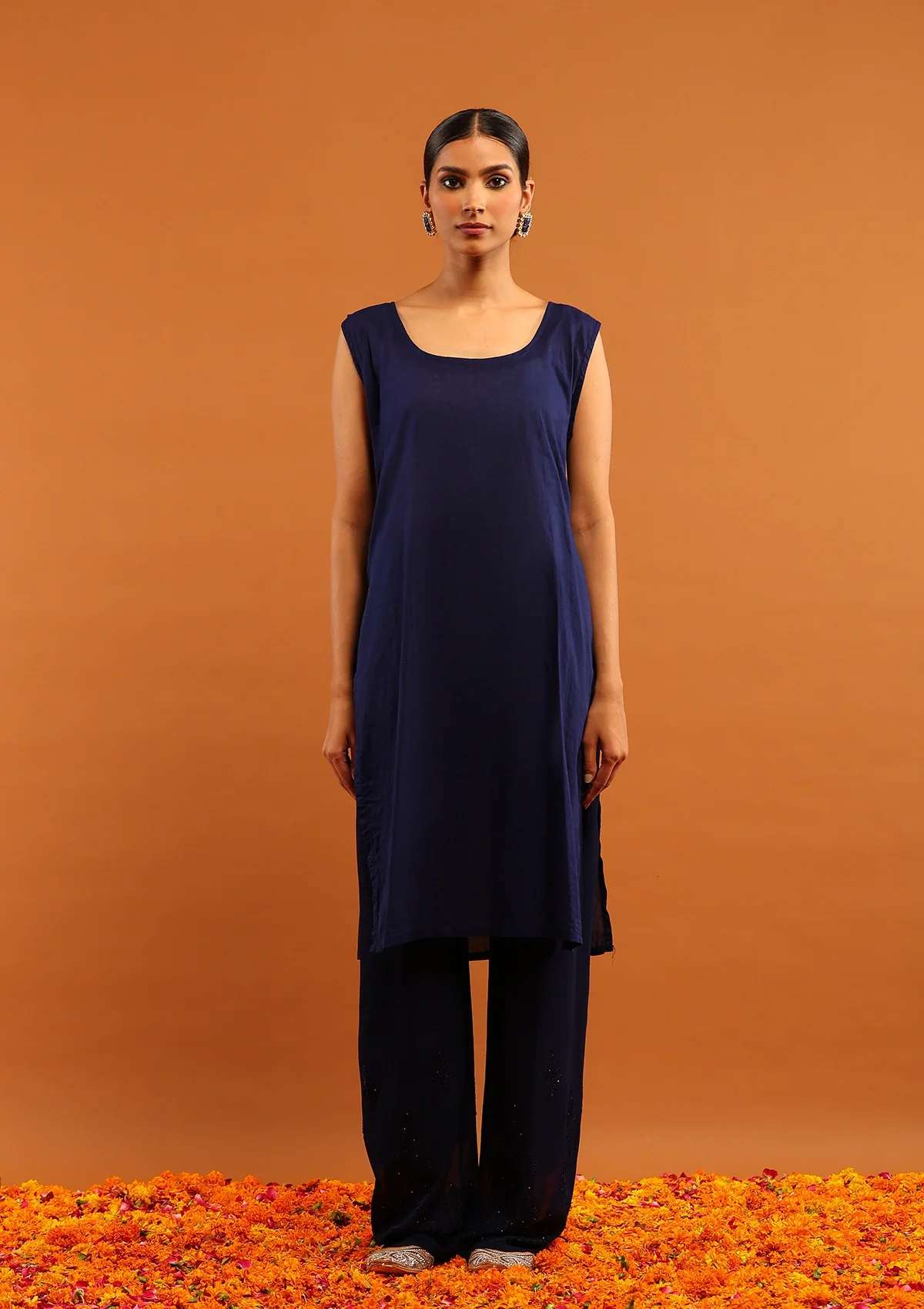 HOC Viscose Georgette Chikankari Mukaish & Kamdani Solid Women's 4 PC Long Kurta Set-Navy Blue - Healthber