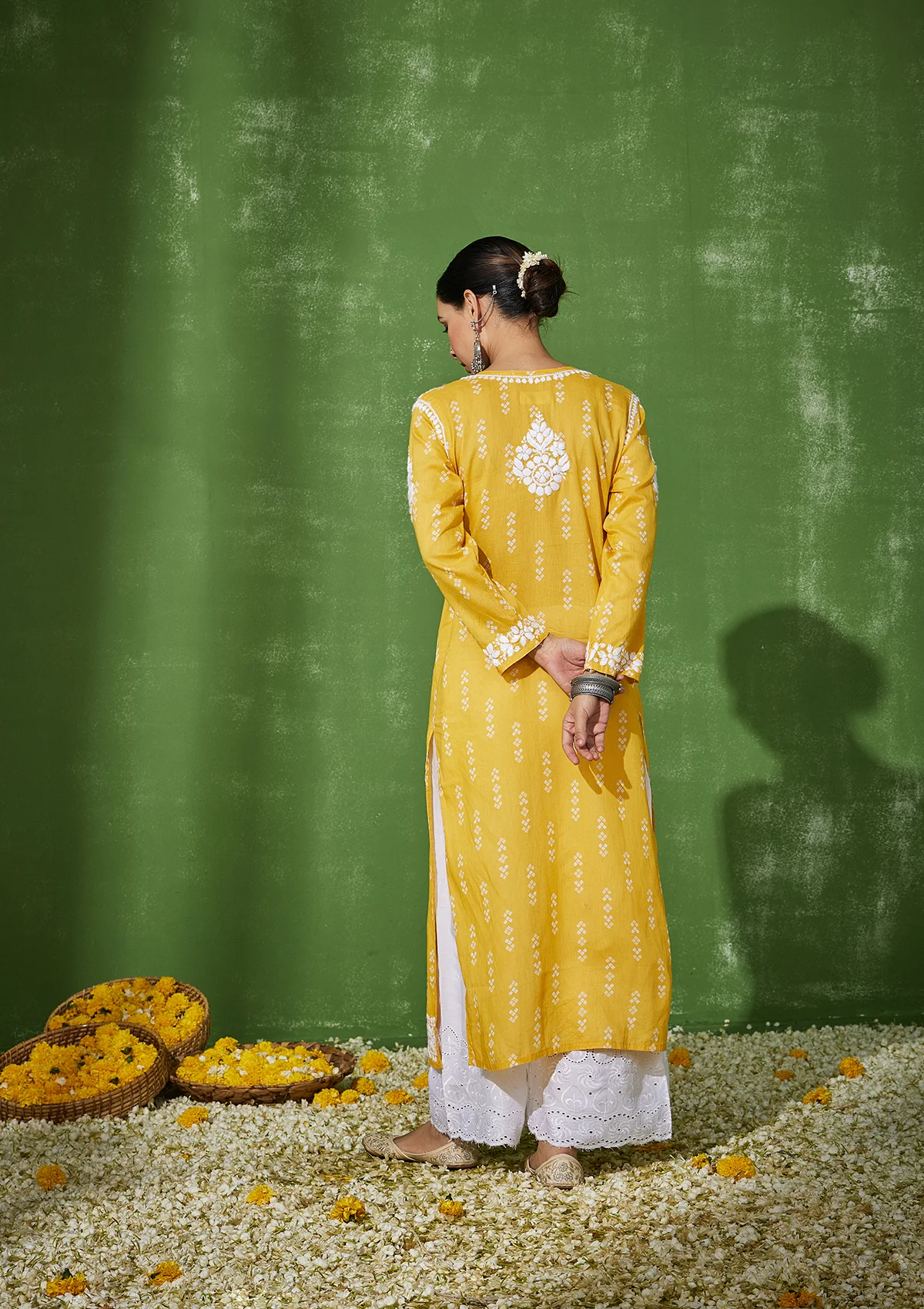 HOC Mira Chikankari Cotton Straight Kurta - Yellow - Healthber