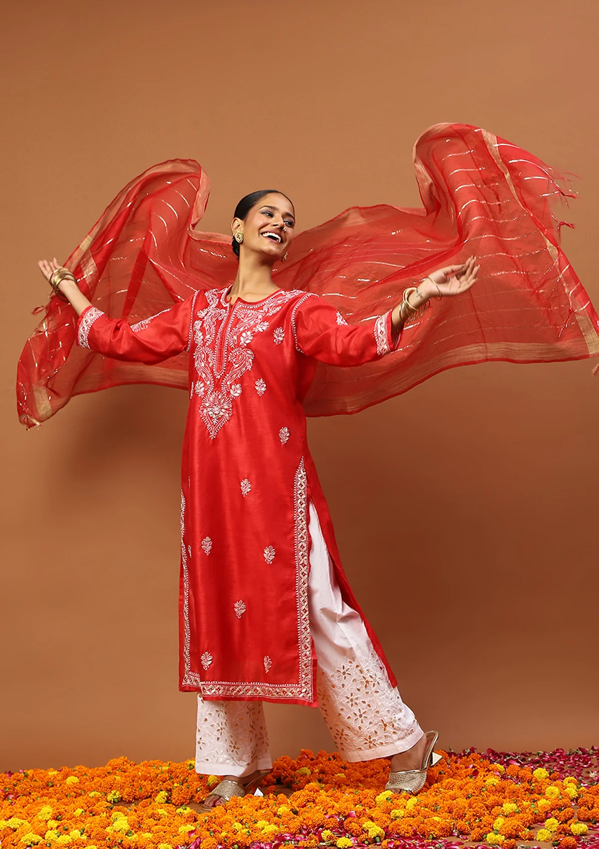 HOC Chanderi Lurex Solid Women's Dupatta - Red - Healthber