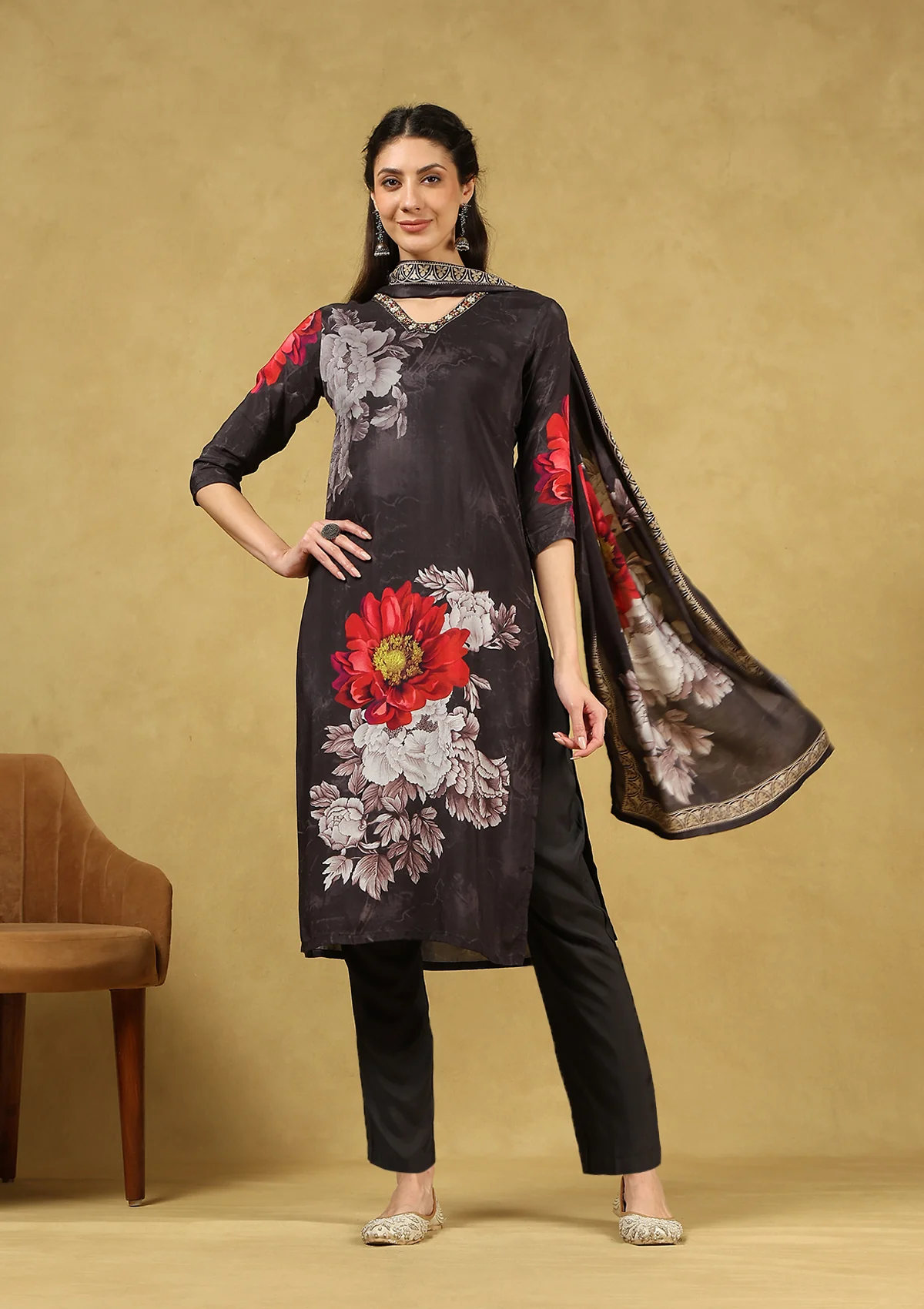 HOC Hand Embellished Muslin Printed Women's 3 PC Long Kurta Set with Dupatta - Black - Healthber