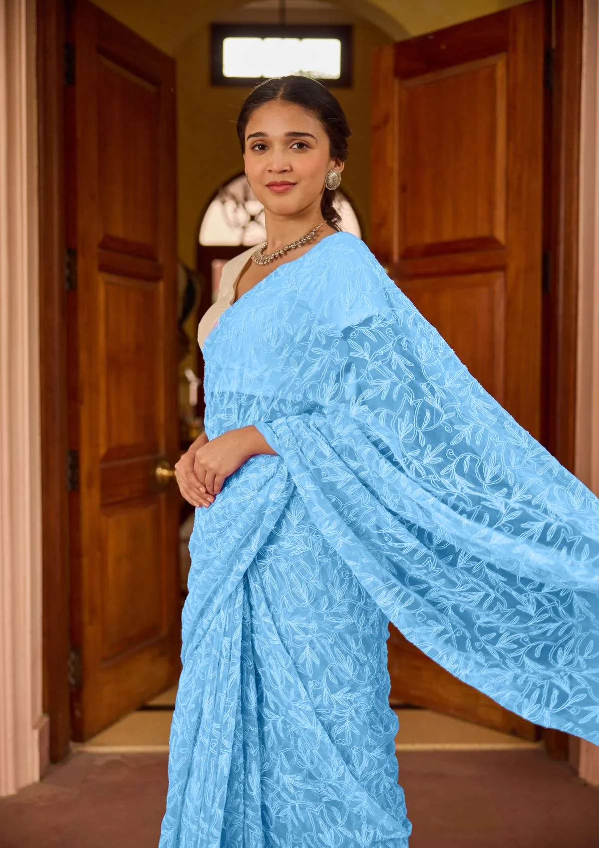 HOC Georgette Handwork Chikankari Tepchi Jaal Work Solid Women's Saree - Light Blue - Healthber