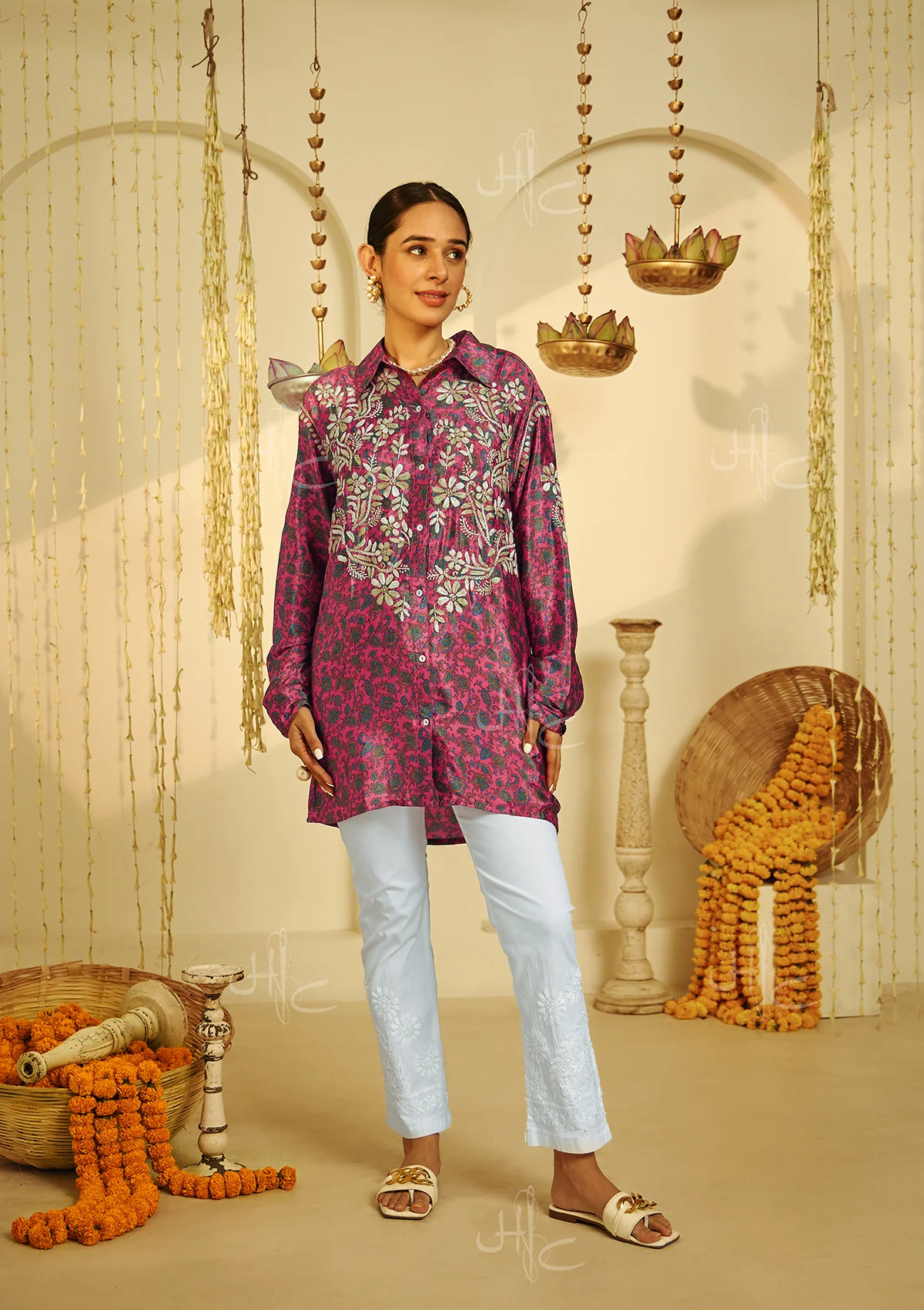 HOC Zehna Chikankari Crepe Straight Shirt - Healthber