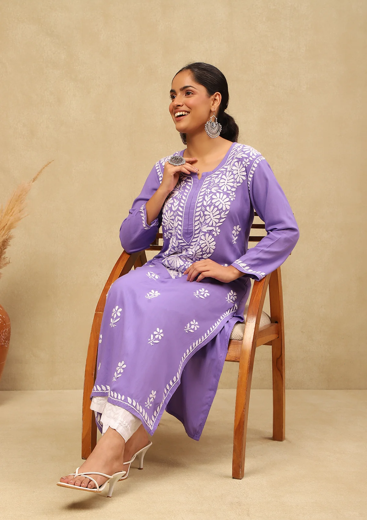 HOC Rayon Chikankari Solid Women's Long Kurta -Lavender - Healthber