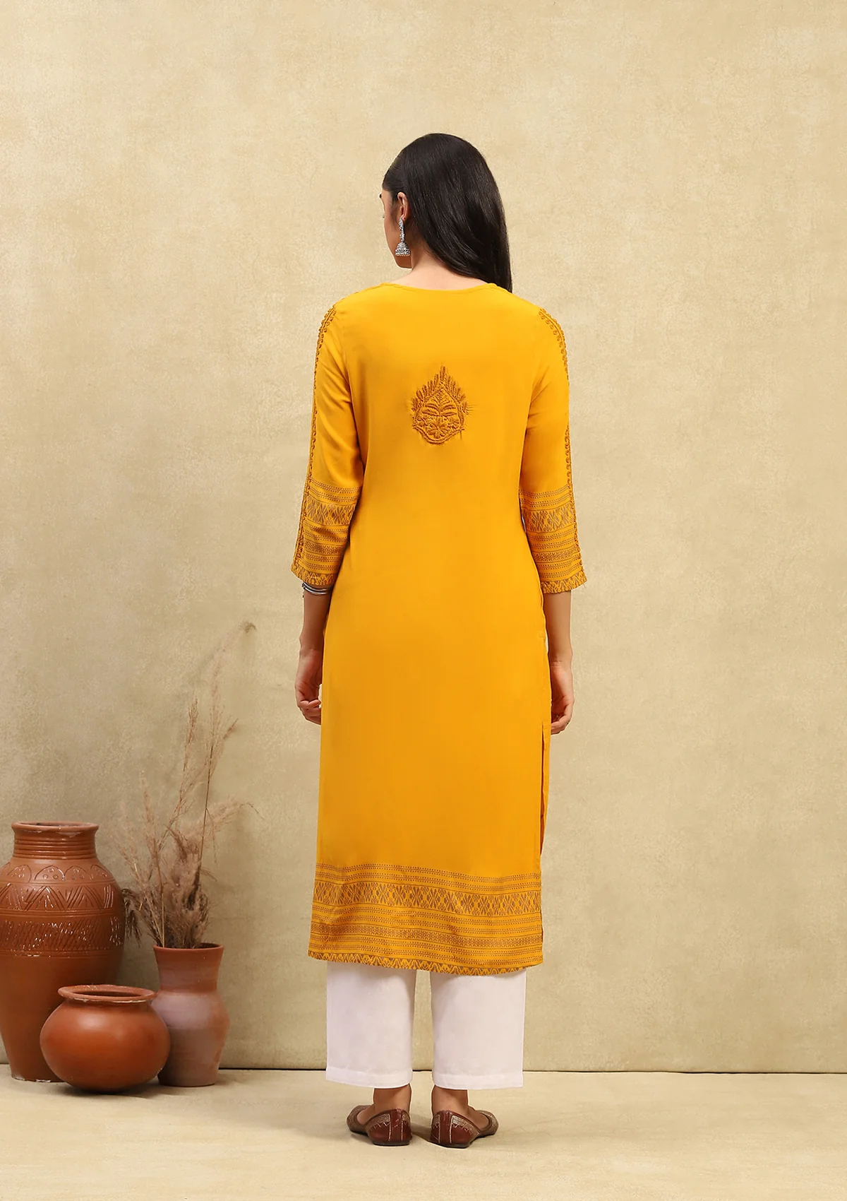 HOC Rayon Chikankari Printed Women's Long Kurta - Mustard Yellow - Healthber