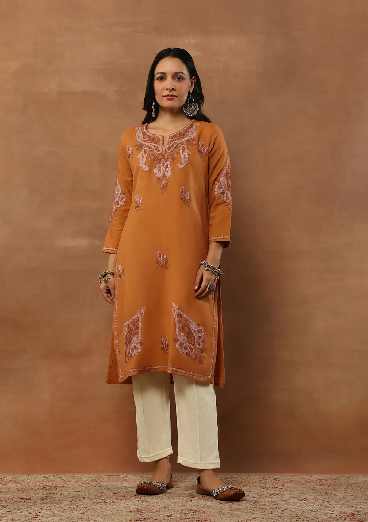 HOC Aari Embroidered Woollen Solid Women's Long Kurta - Rust - Healthber