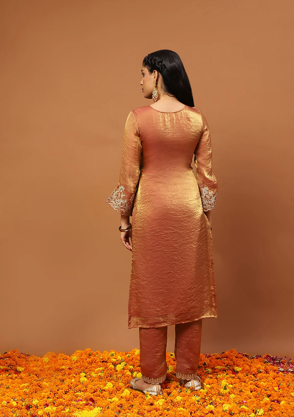 HOC Satin Tissue Silk Zardozi with Sequins Solid Women  s 3 PC Straight Kurta Set - Copper - Healthber