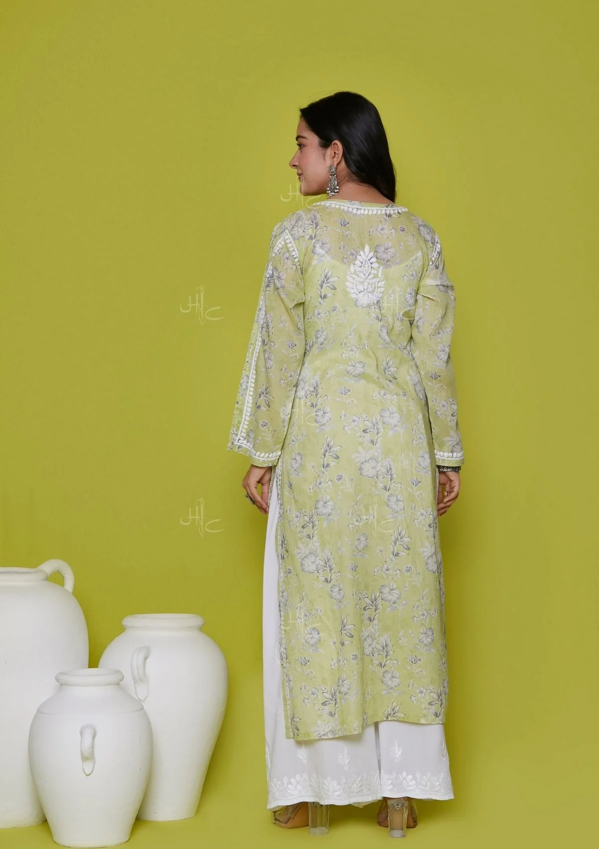 HOC Mulmul Chikankari Printed Women's Long Kurta - Green - Healthber