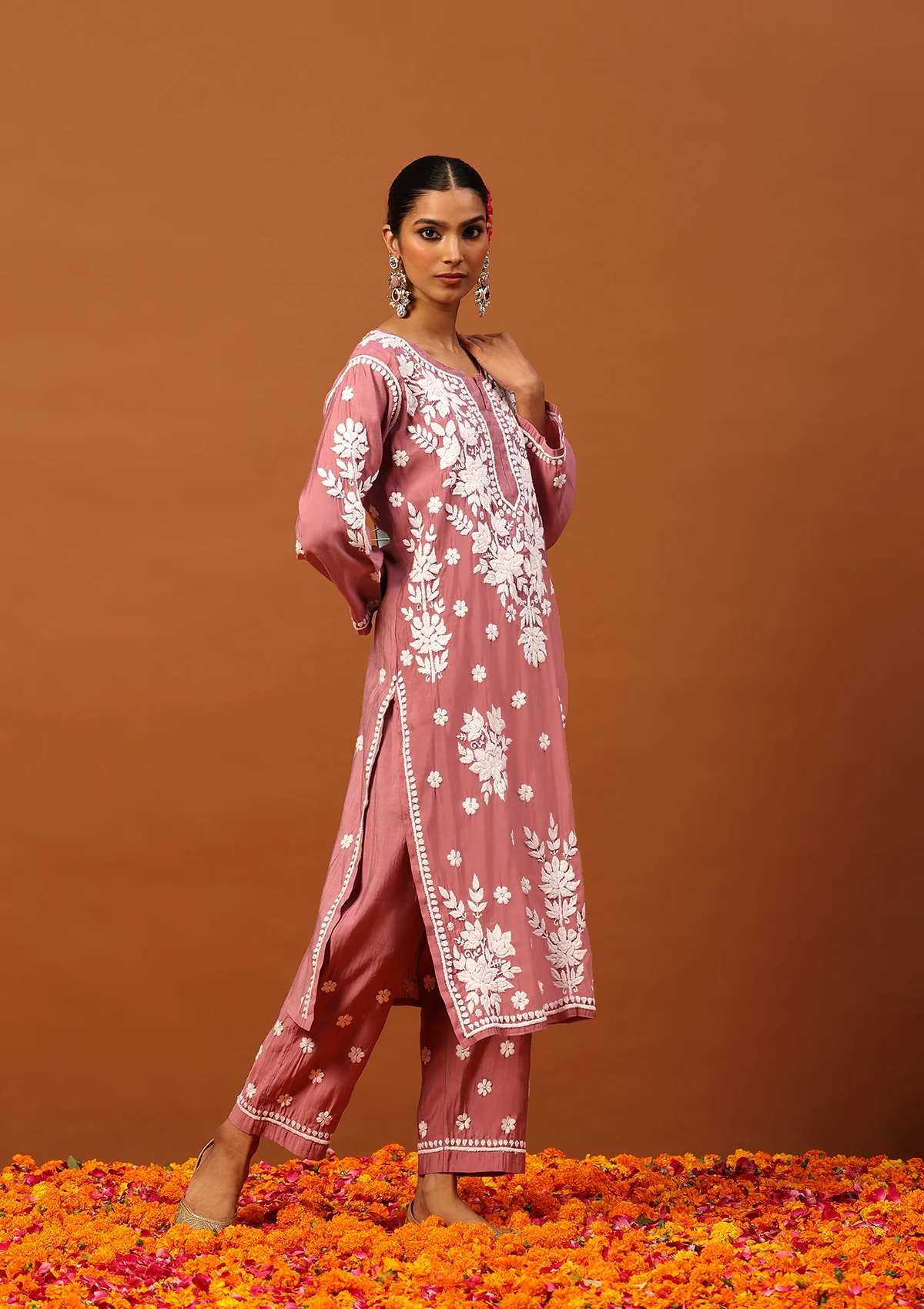 HOC Chanderi Chikankari Solid Women's 2 PC Long Kurta Set -Mauve - Healthber