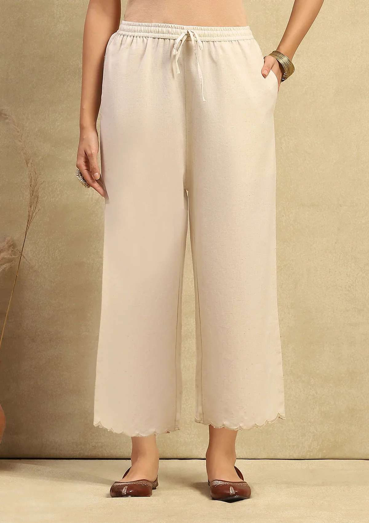 HOC Cotton Linen Blend Women's Solid Scalloped Culottes - Beige - Healthber