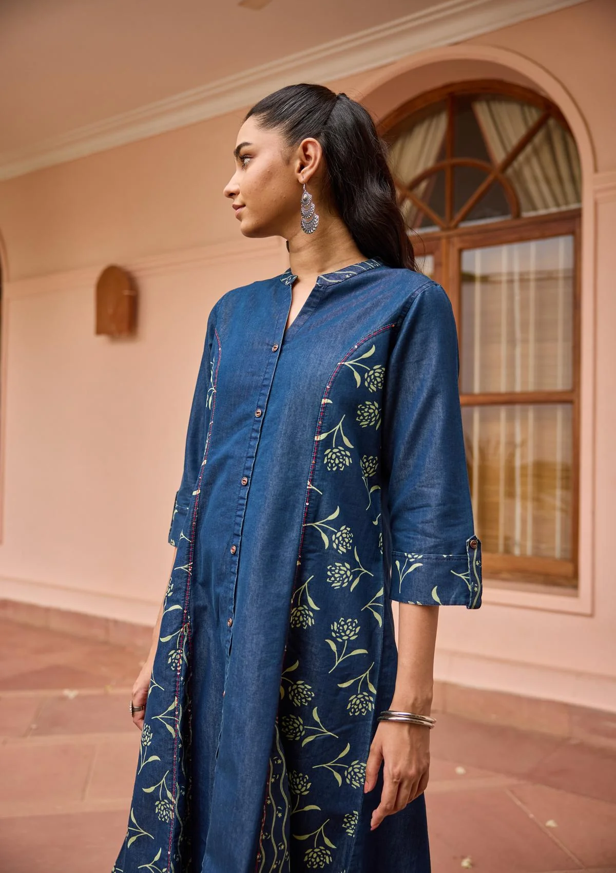 HOC Kantha Hand Embellished Denim Printed Women's A-Line Kurta-Green Wash Blue - Healthber