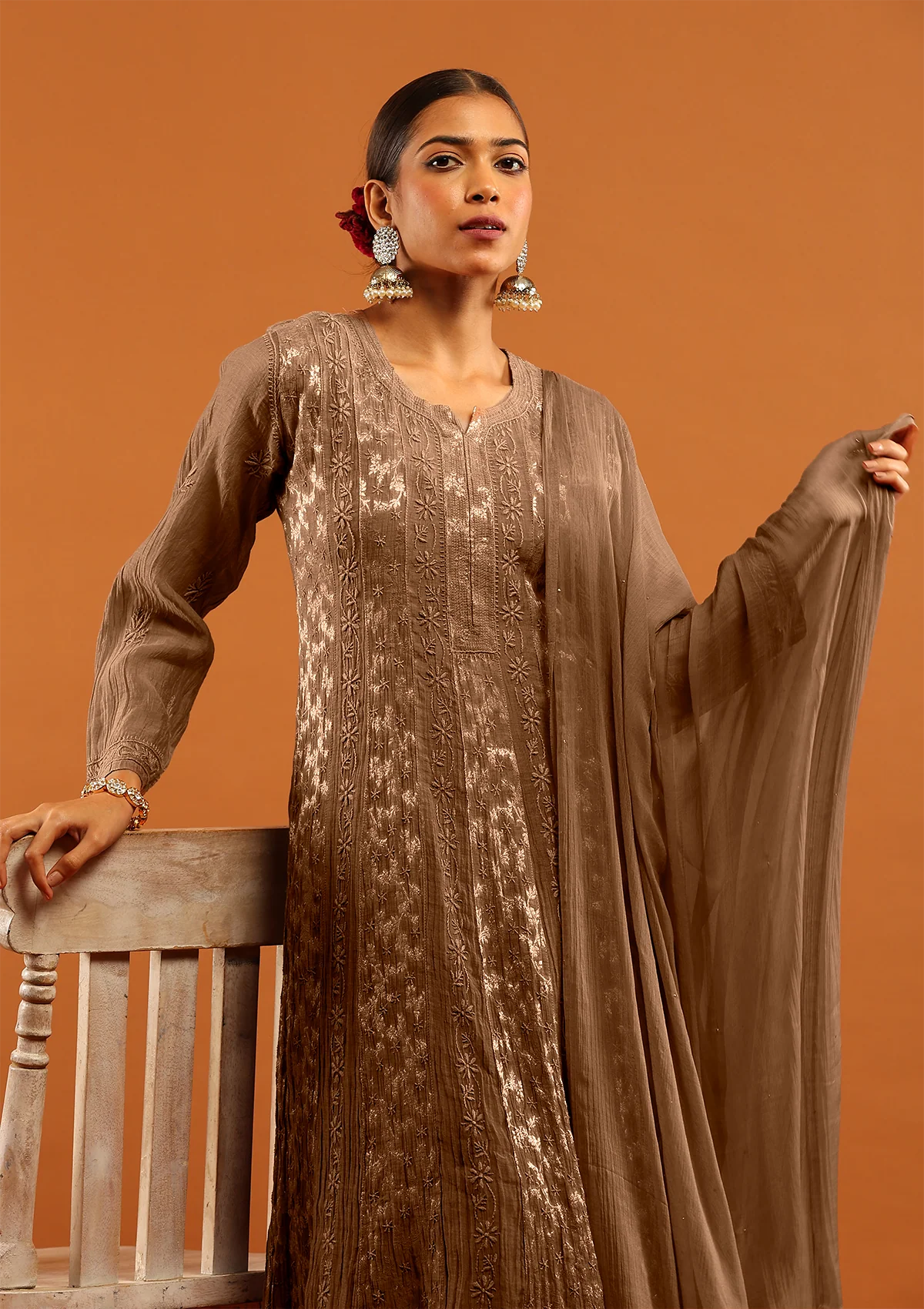 HOC Banarasi Mul Chanderi Chikankari Solid Women's 4 PC Anarkali Kurta Set - Fawn - Healthber