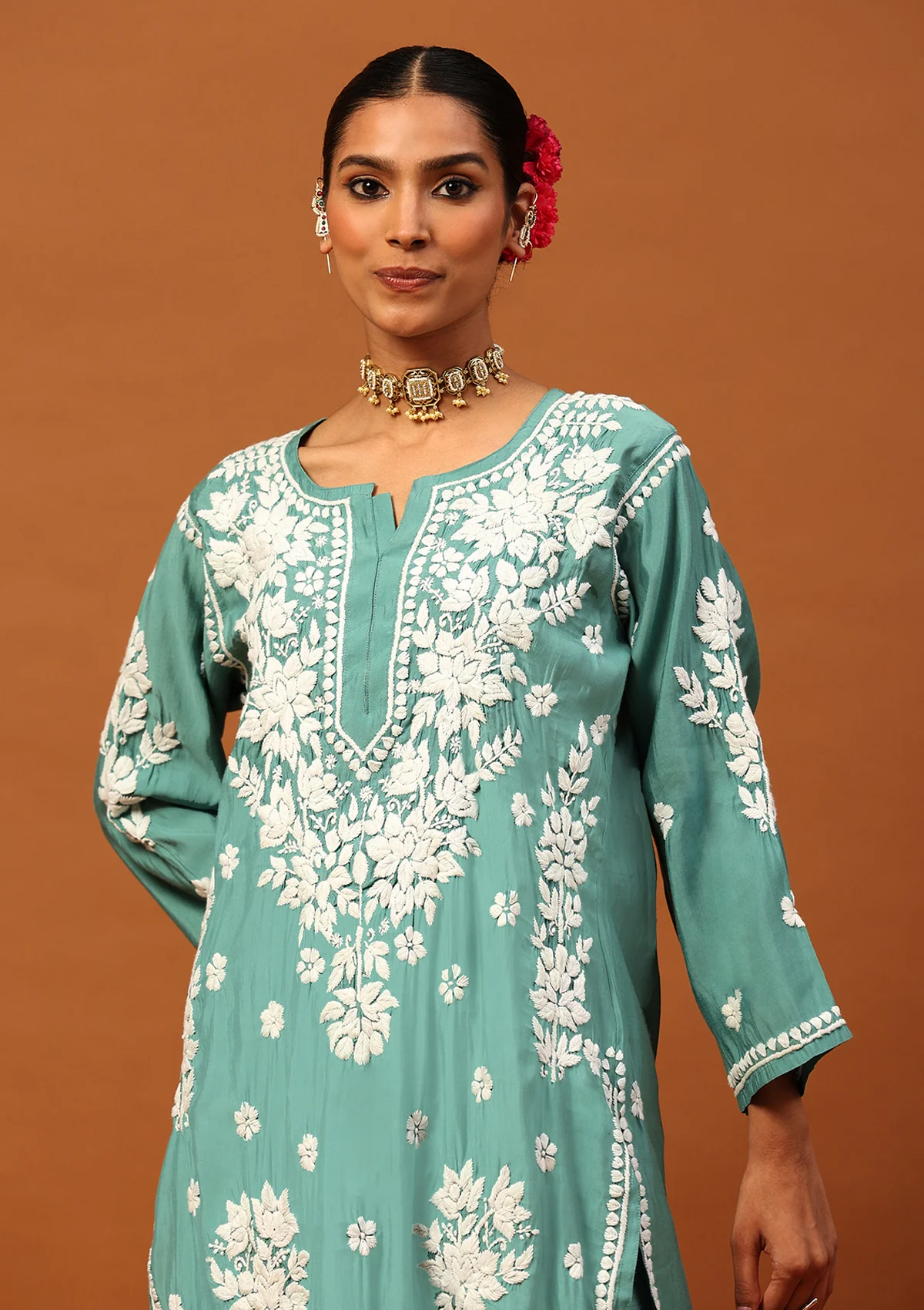 HOC Chanderi Chikankari Solid Women's 2 PC Long Kurta Set -Teal Green - Healthber