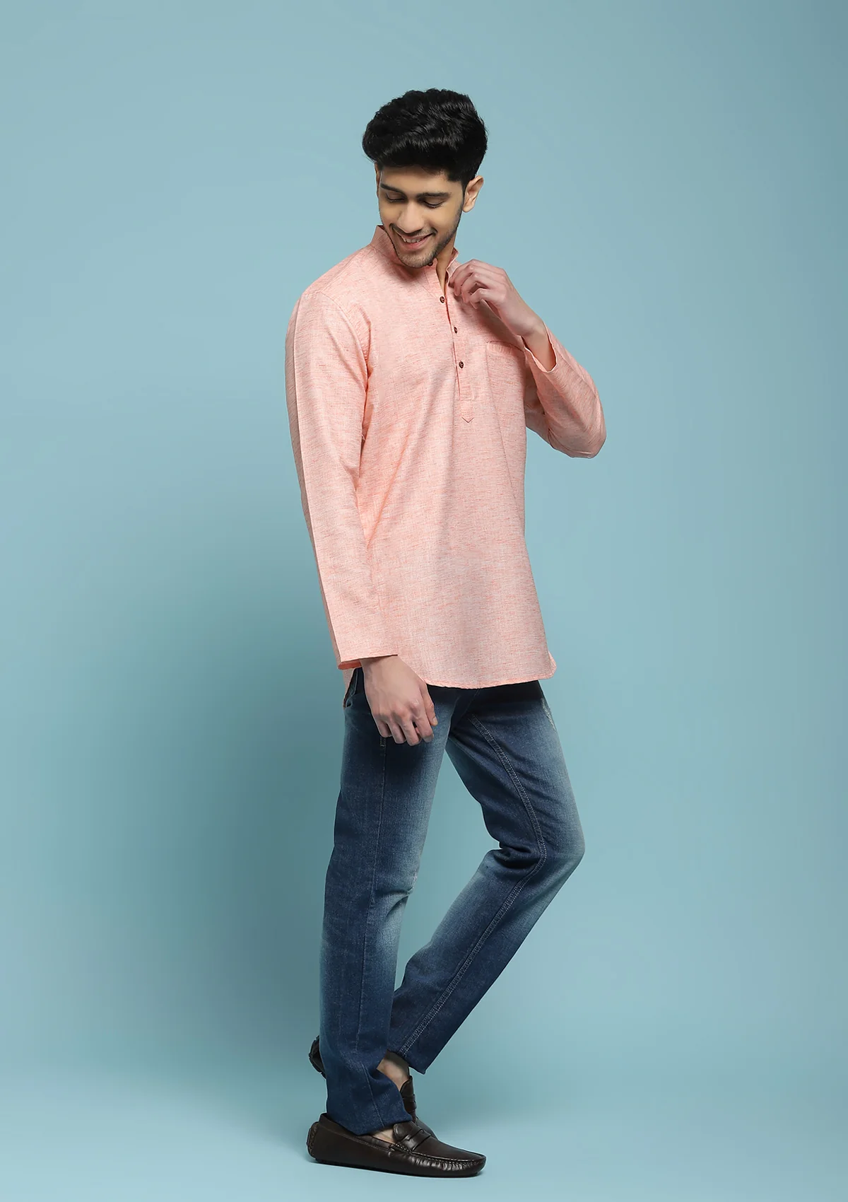 HOC Poly Cotton Solid Men's Short Kurta - Peach - Healthber