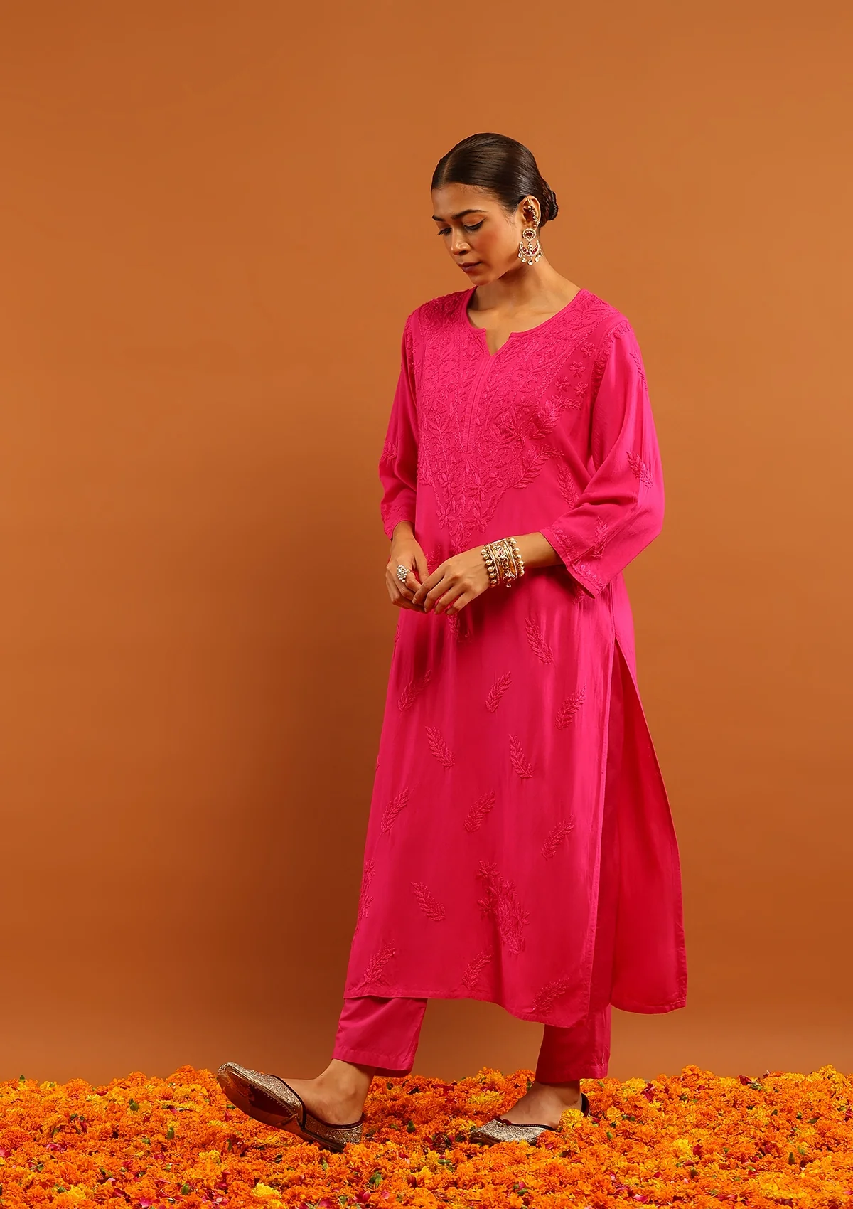 HOC Rayon Chikankari Solid Women's Long Kurta-Dark Pink - Healthber