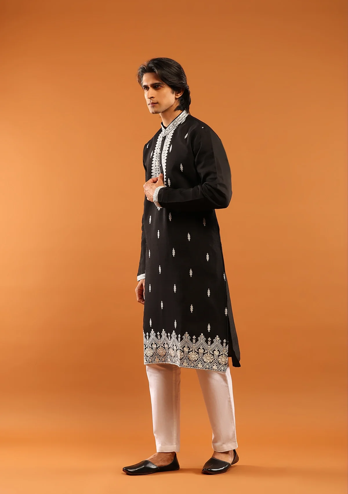 HOC Poly Silk Zari Embroidered With Sequins Solid Men's Long Kurta- Black - Healthber