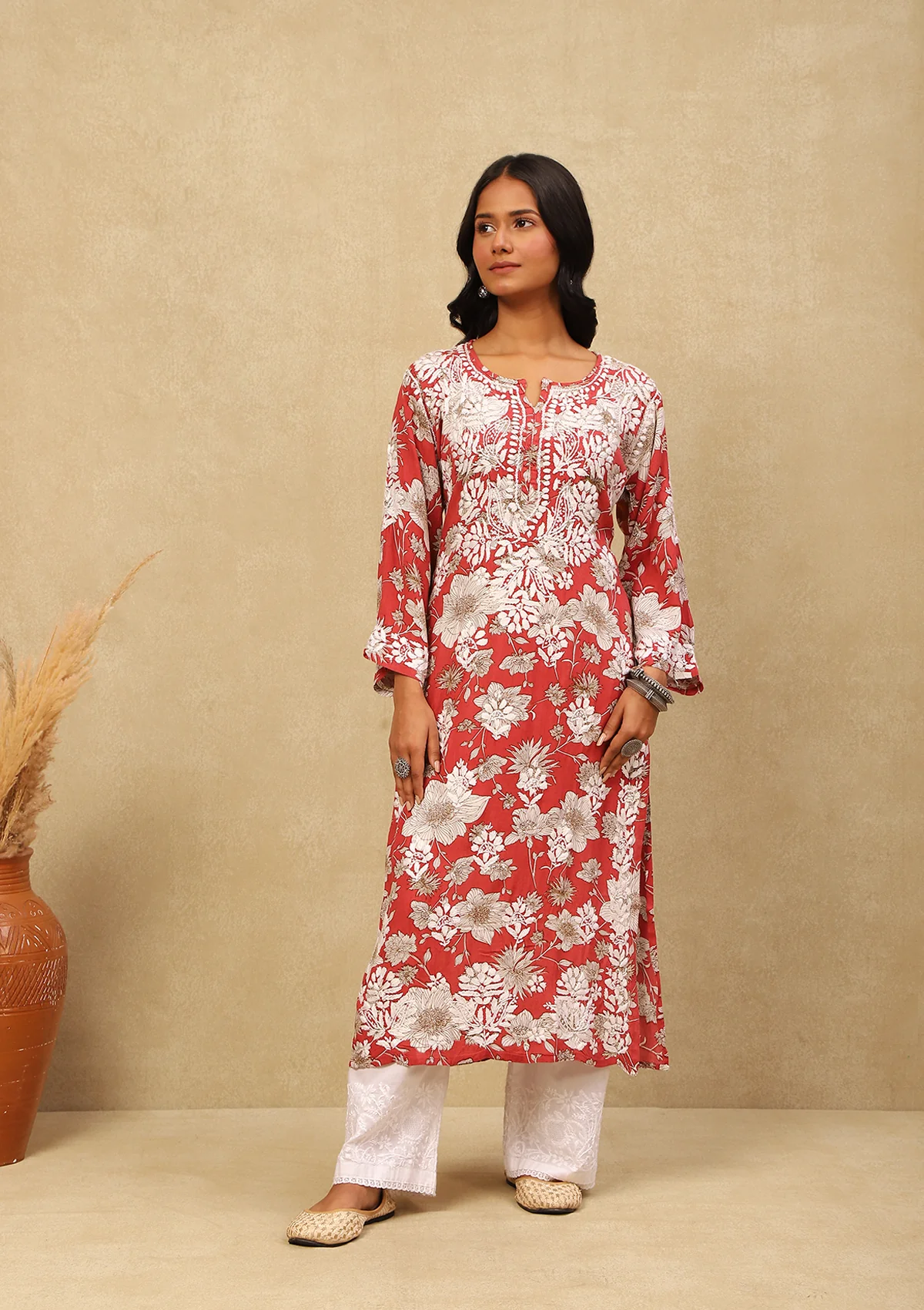 HOC Rayon Chikankari Printed Women's Long Kurta -Red - Healthber