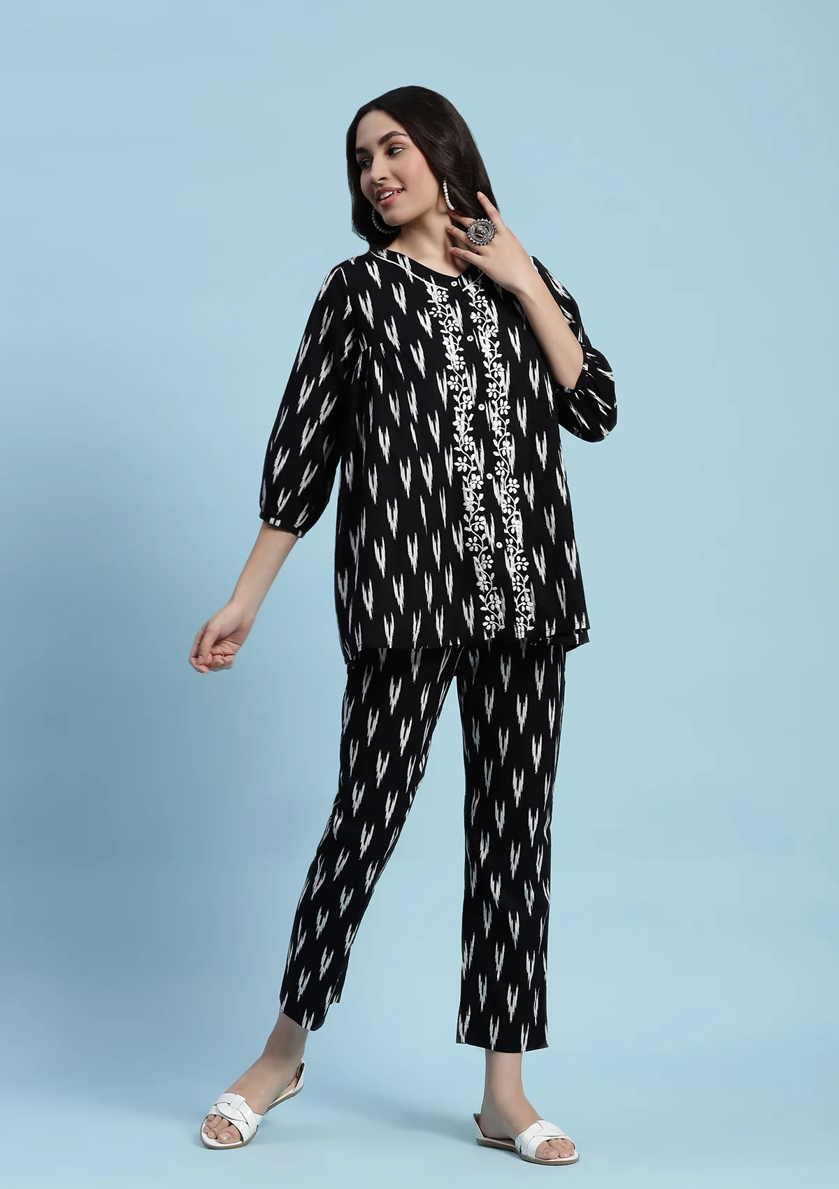 Cotton Chikankari Printed Women's 2 PC Co-ord Set - Black - Healthber