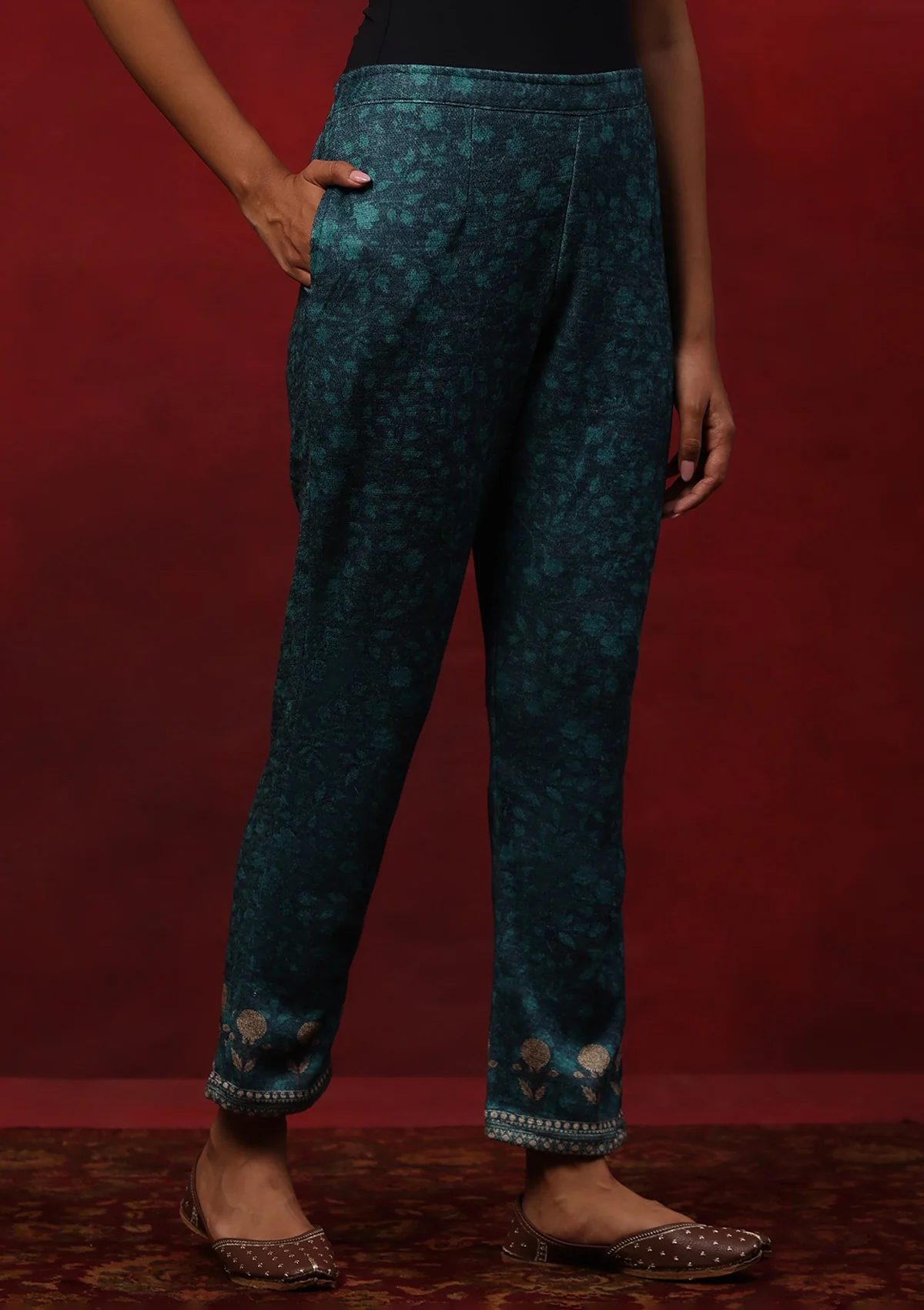 HOC Woollen Hand Embellished Printed Women's 3 PC Kurta Set - Teal Green - Healthber