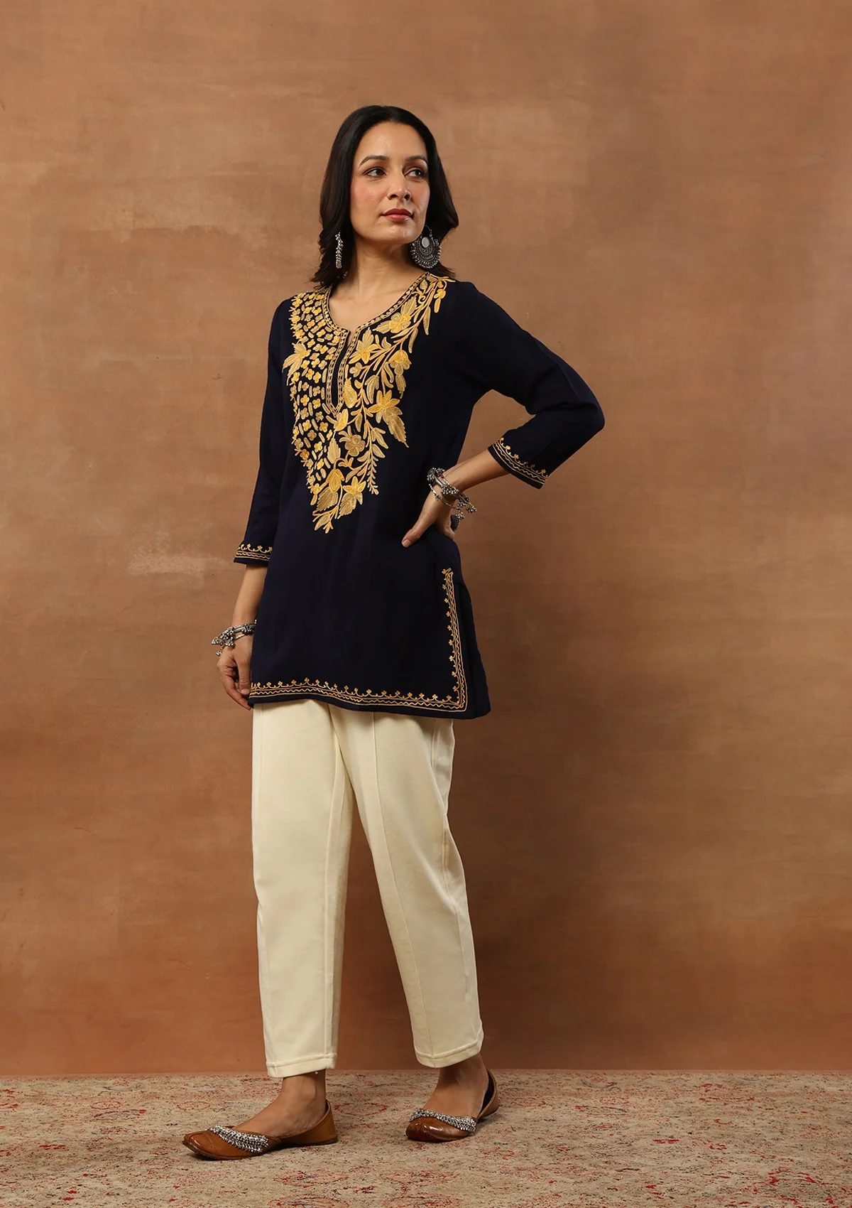 HOC Aari Embroidered Woollen Solid Women's Short Kurta - Navy Blue - Healthber