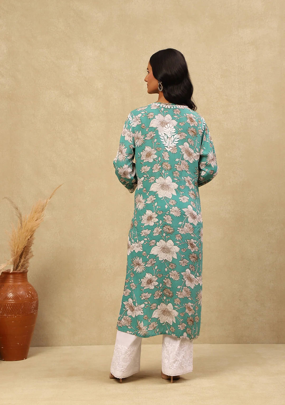 HOC Rayon Chikankari Printed Women's Long Kurta -Mint Green - Healthber