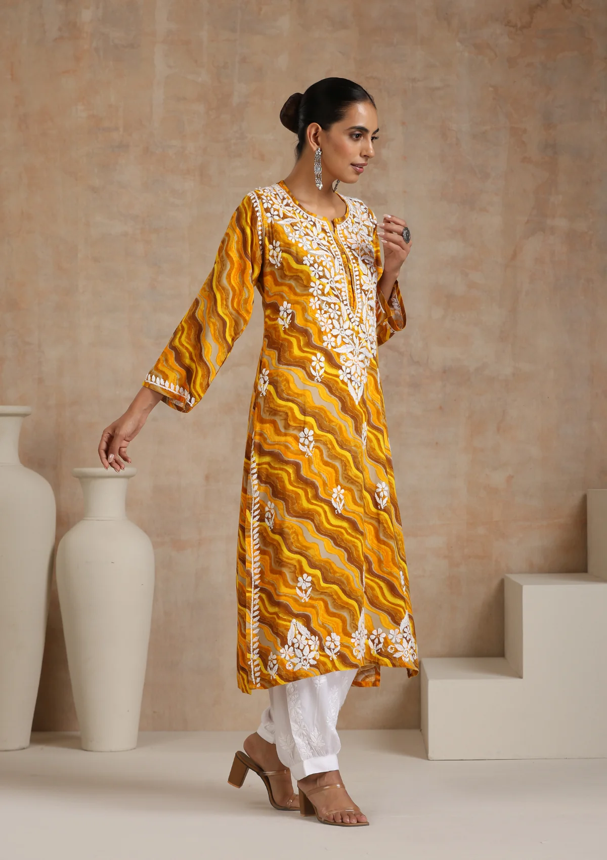 HOC Rayon Chikankari Printed Women's Long Kurta - Yellow - Healthber