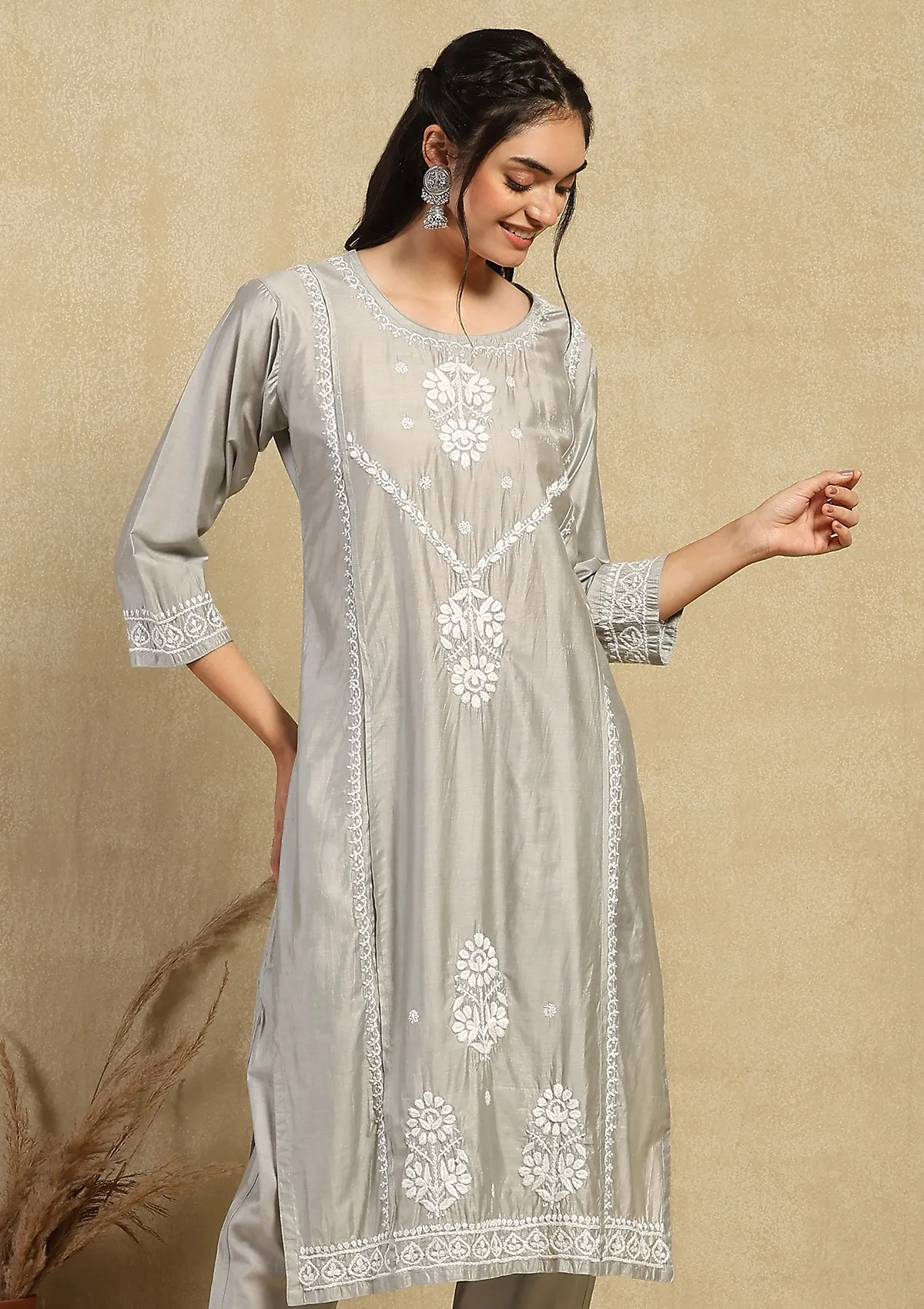 HOC Chanderi Chikankari Solid Women's 2PC Long Kurta Set -Grey - Healthber
