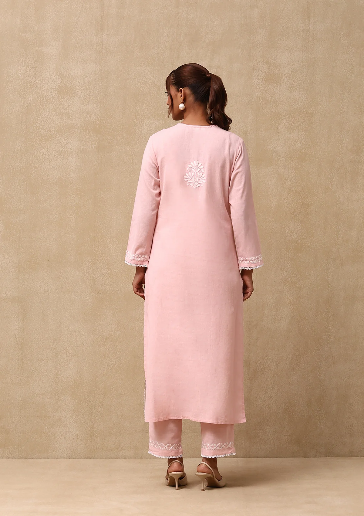 HOC Cotton Linen Blend Chikankari Solid Women's 2PC Long Kurta Set - Peach - Healthber