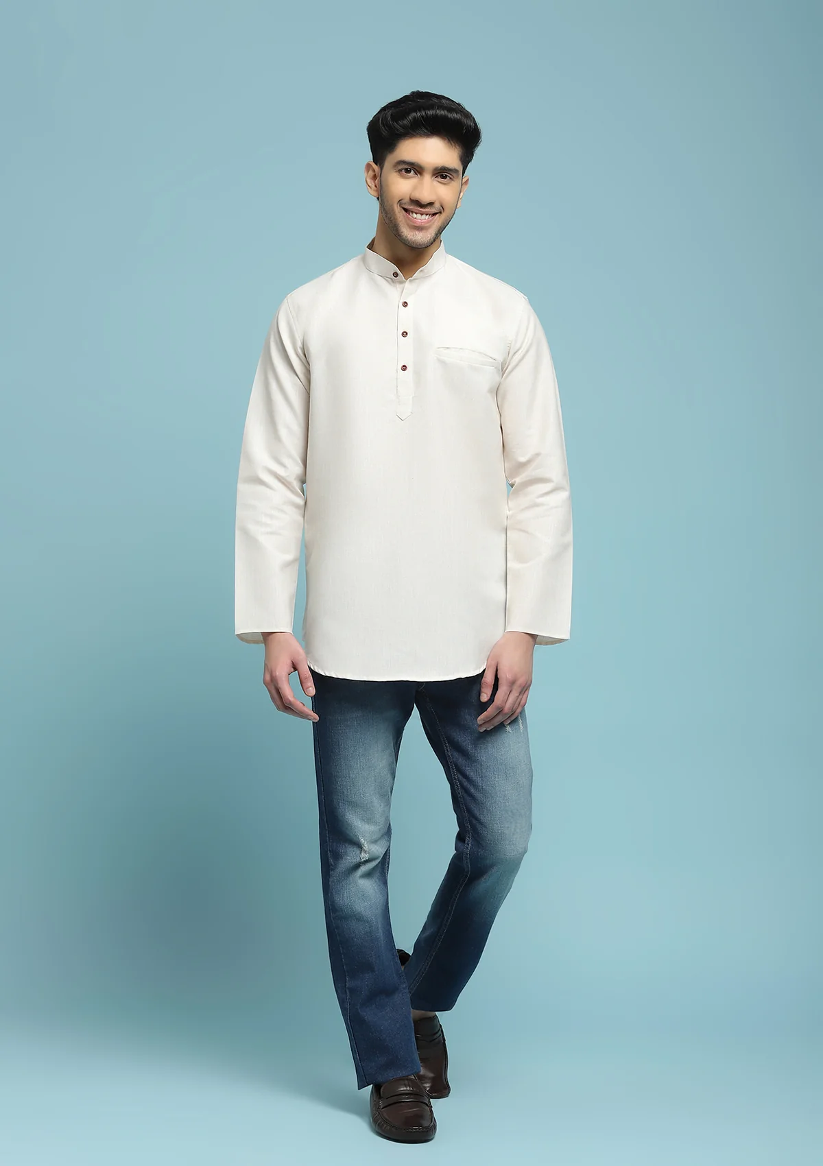 HOC Poly Cotton Solid Men's Short Kurta - Cream - Healthber