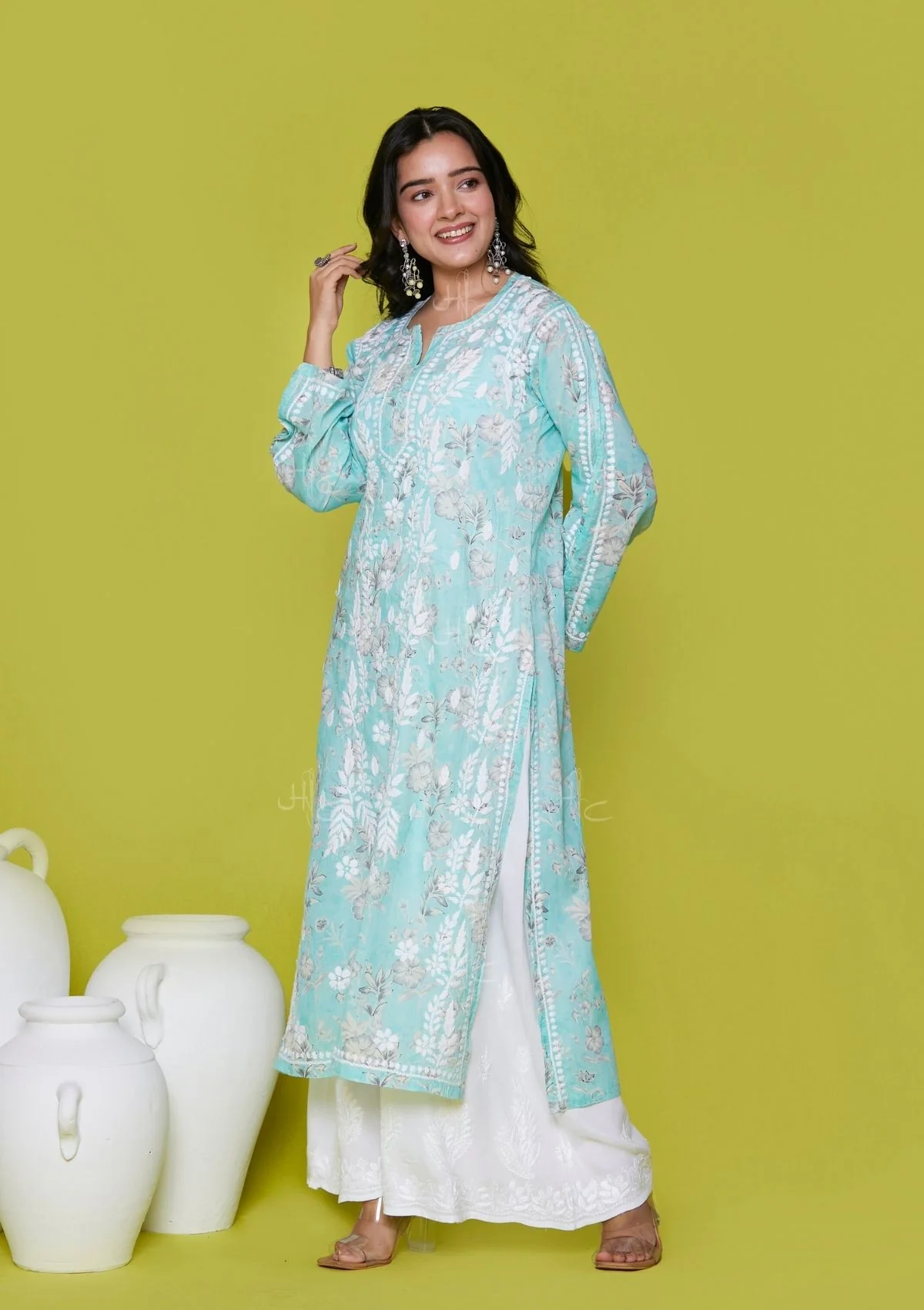 HOC Mulmul Chikankari Printed Women's Long Kurta - Blue - Healthber