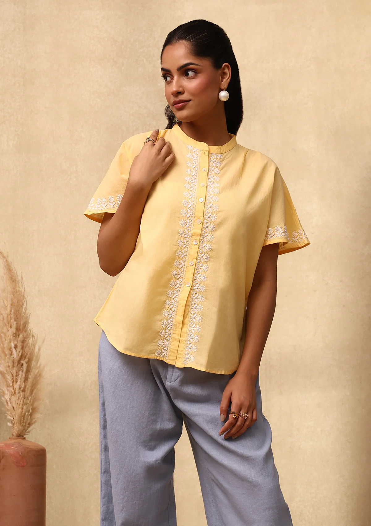 HOC Cotton Chikankari Solid Women's Shirt - Yellow - Healthber