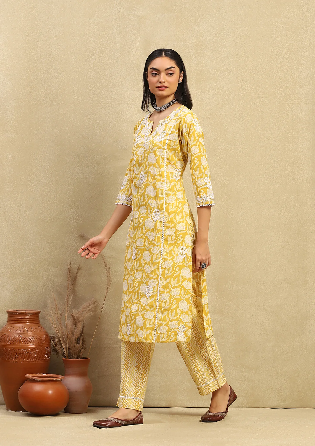 HOC Cotton Chikankari Printed Women's 2PC Long Kurta Set - Mustard Yellow - Healthber