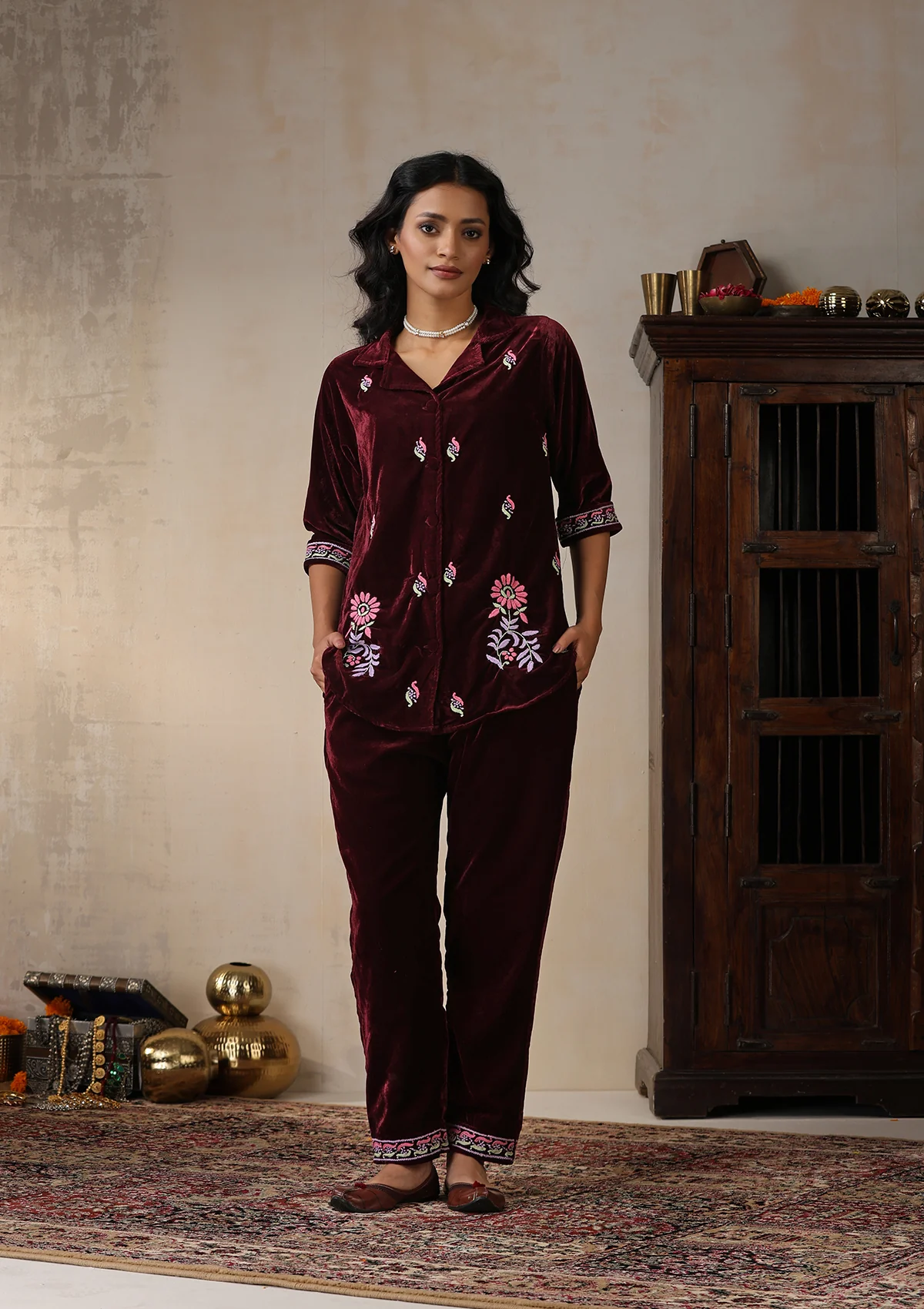 HOC Velvet Chikankari Solid Women's 2 PC Co-ord Set - Maroon - Healthber