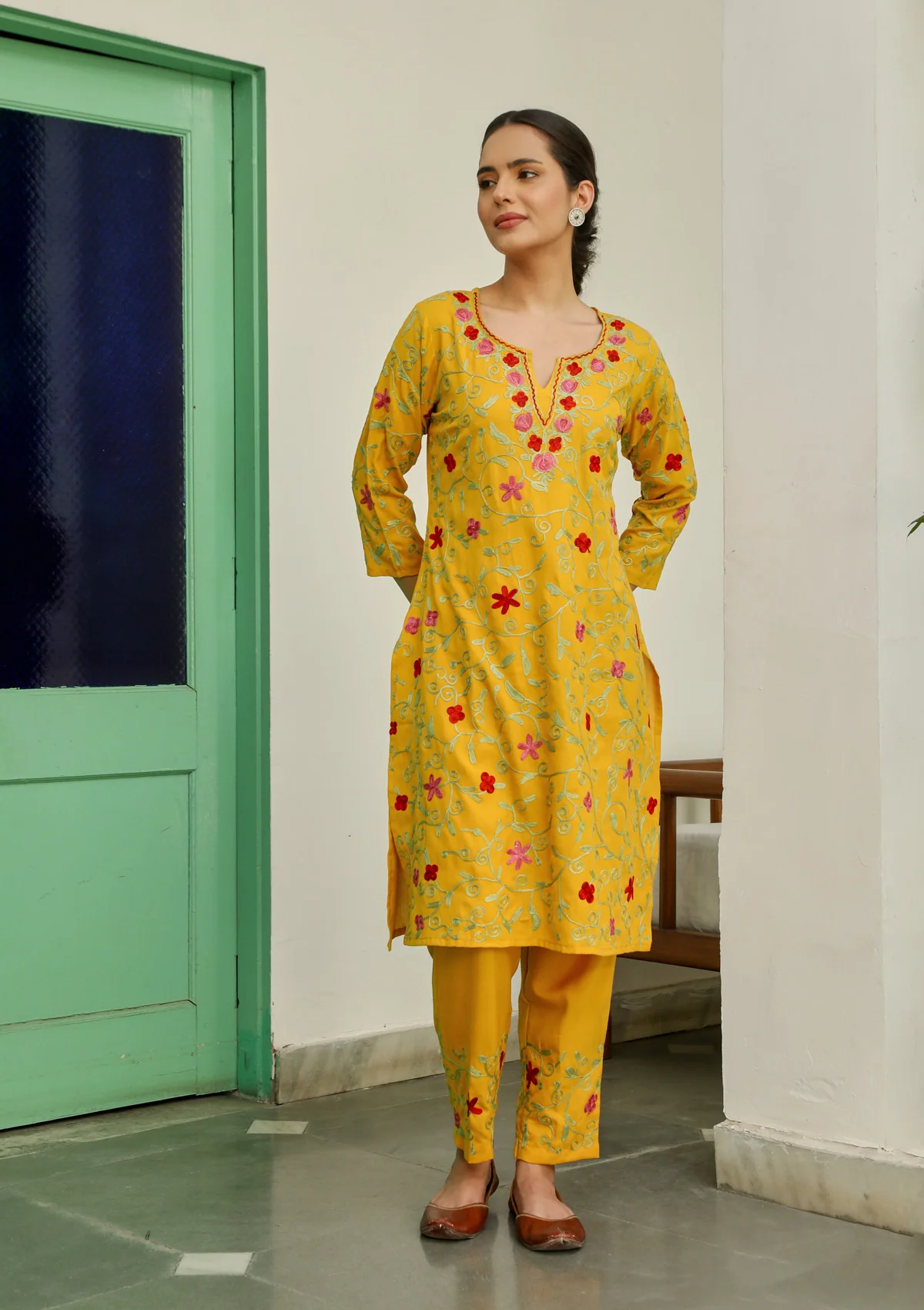 HOC Aari Embroidered Cotton Solid Women's 2PC Long Kurta Set - Mustard Yellow - Healthber