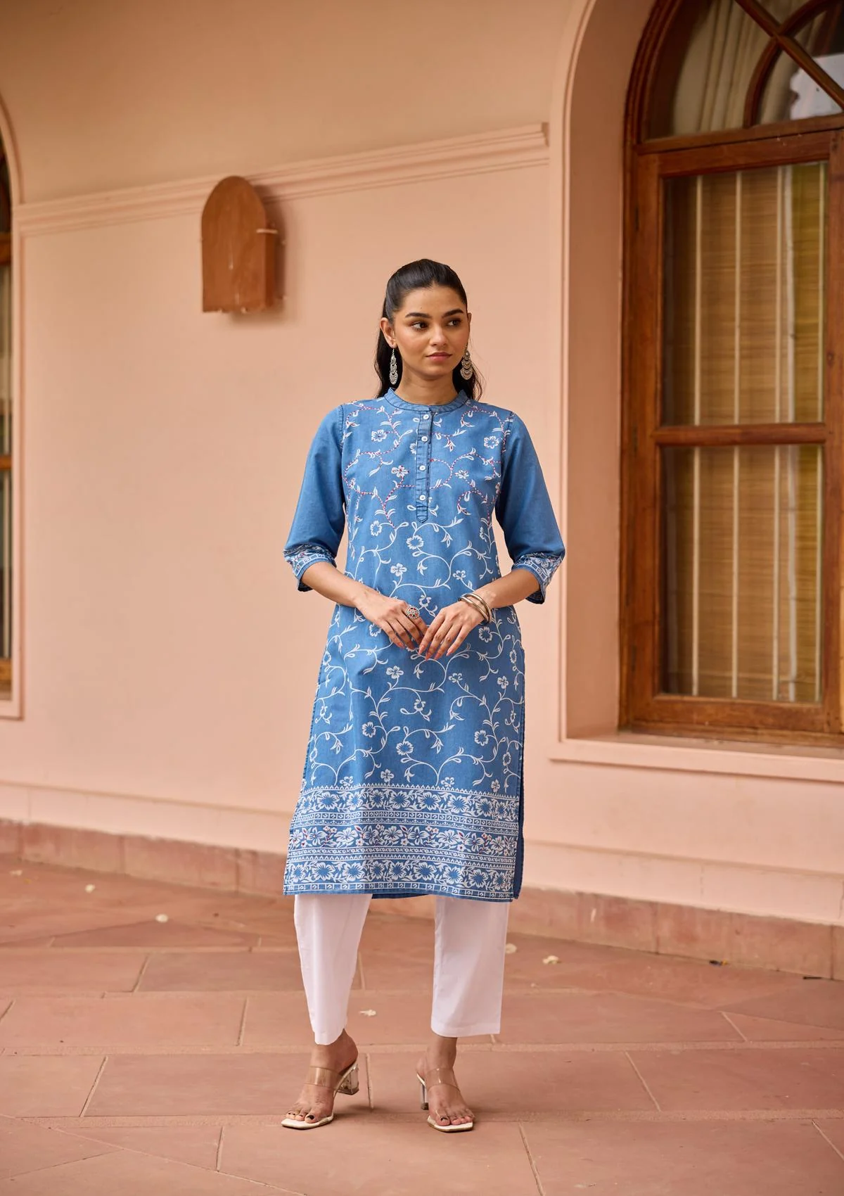 HOC Kantha Hand Embellished Denim Printed Women's Straight Kurta-Light Blue - Healthber