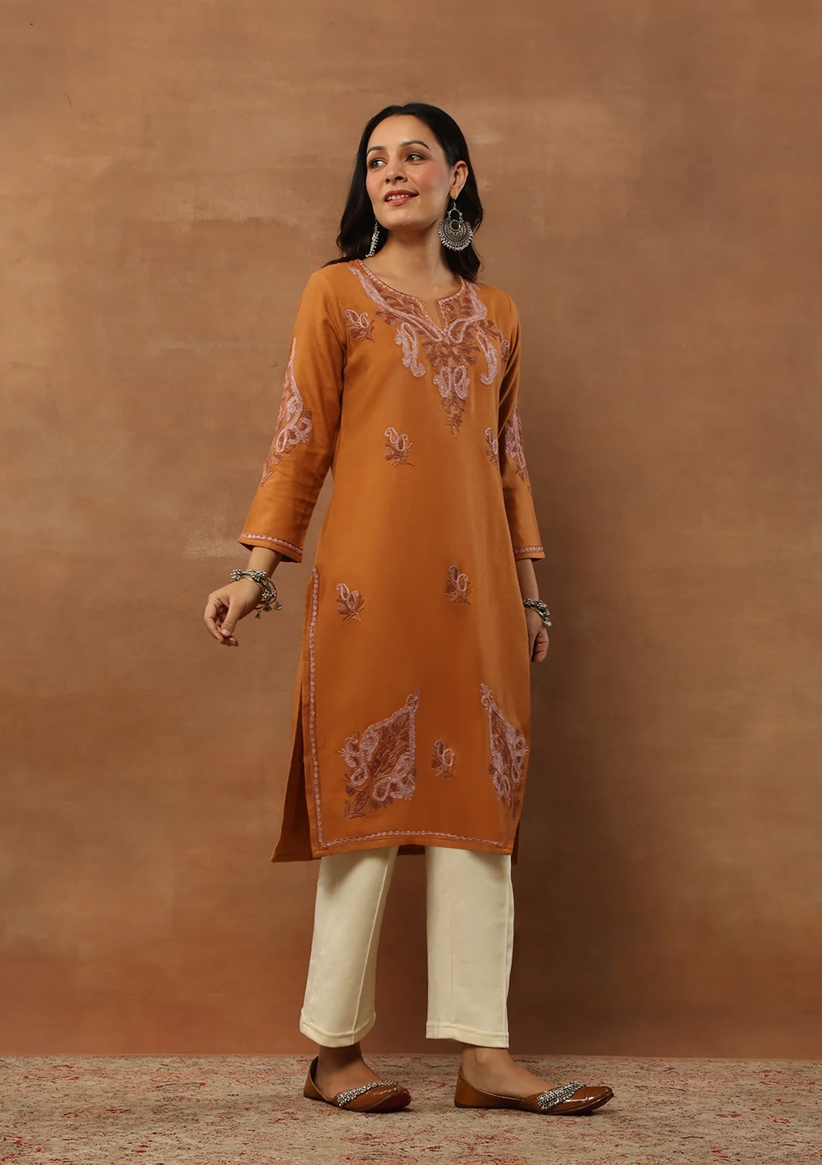 HOC Aari Embroidered Woollen Solid Women's Long Kurta - Rust - Healthber