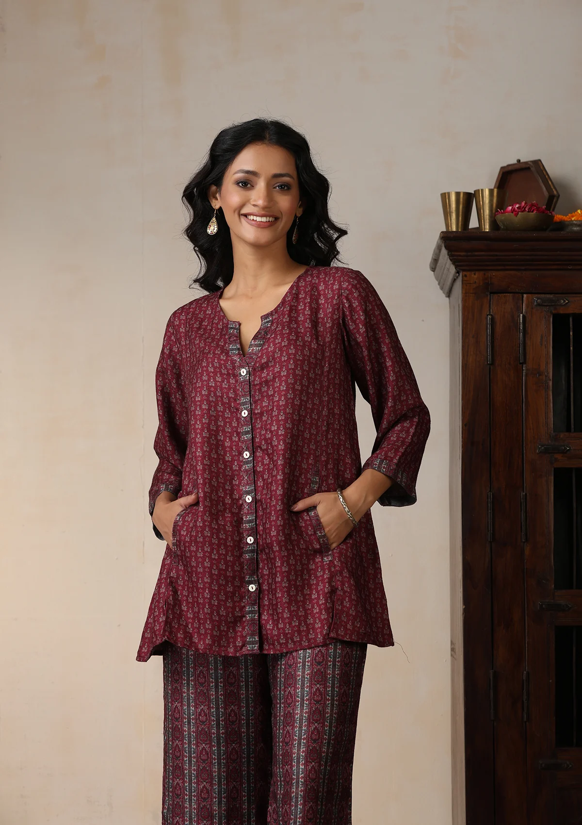 HOC Pashmina Printed Women's 2 PC Co-ord Set - Maroon - Healthber