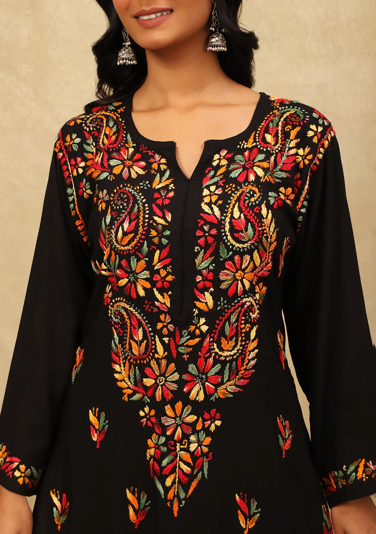 HOC Rayon Chikankari Solid Women's Long Kurta -Black - Healthber