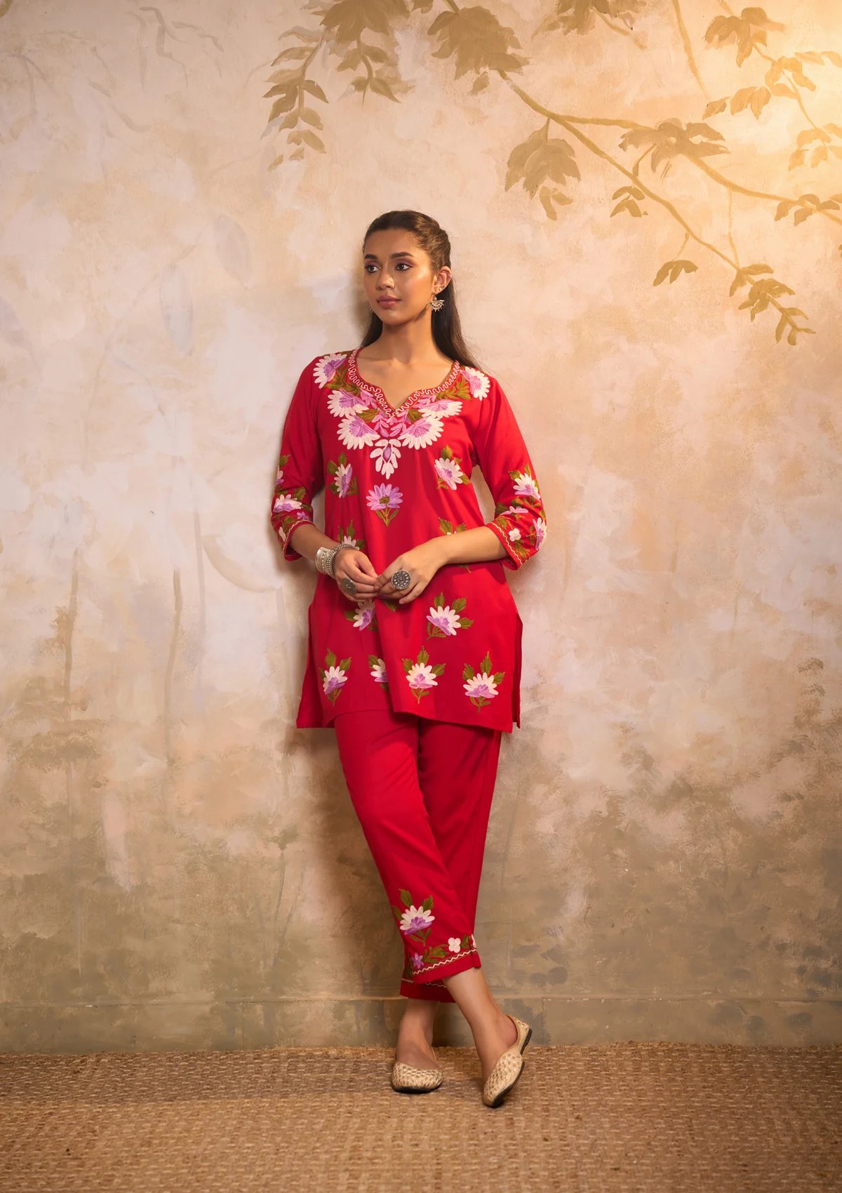 HOC Cotton Embroidered Aari Work Solid Women's 2 PC Co-ords-Set- Red - Healthber