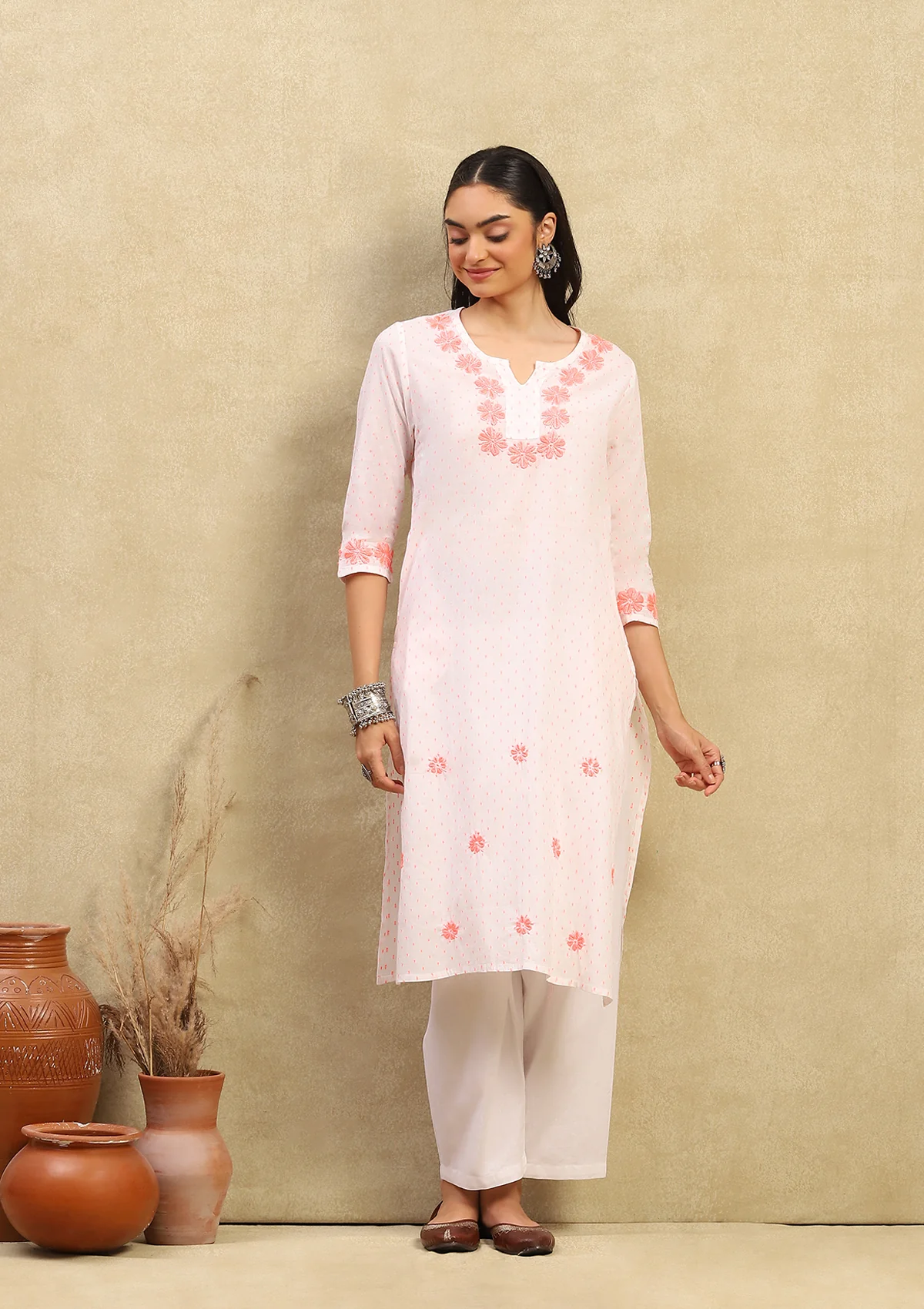 HOC Cotton Dobby Chikankari Solid Women's Long Kurta - Off White - Healthber