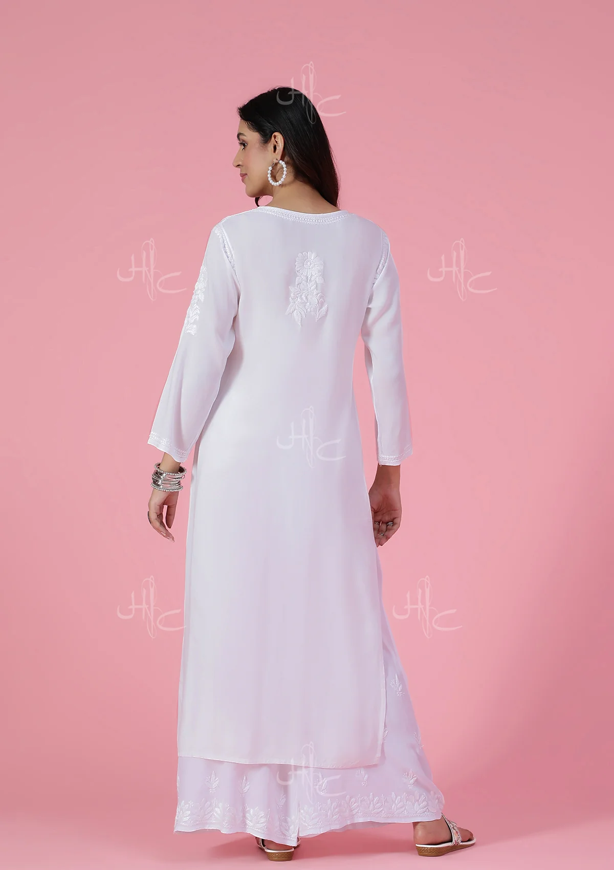 HOC Rayon Chikankari Solid Women's Long Kurta - White - Healthber