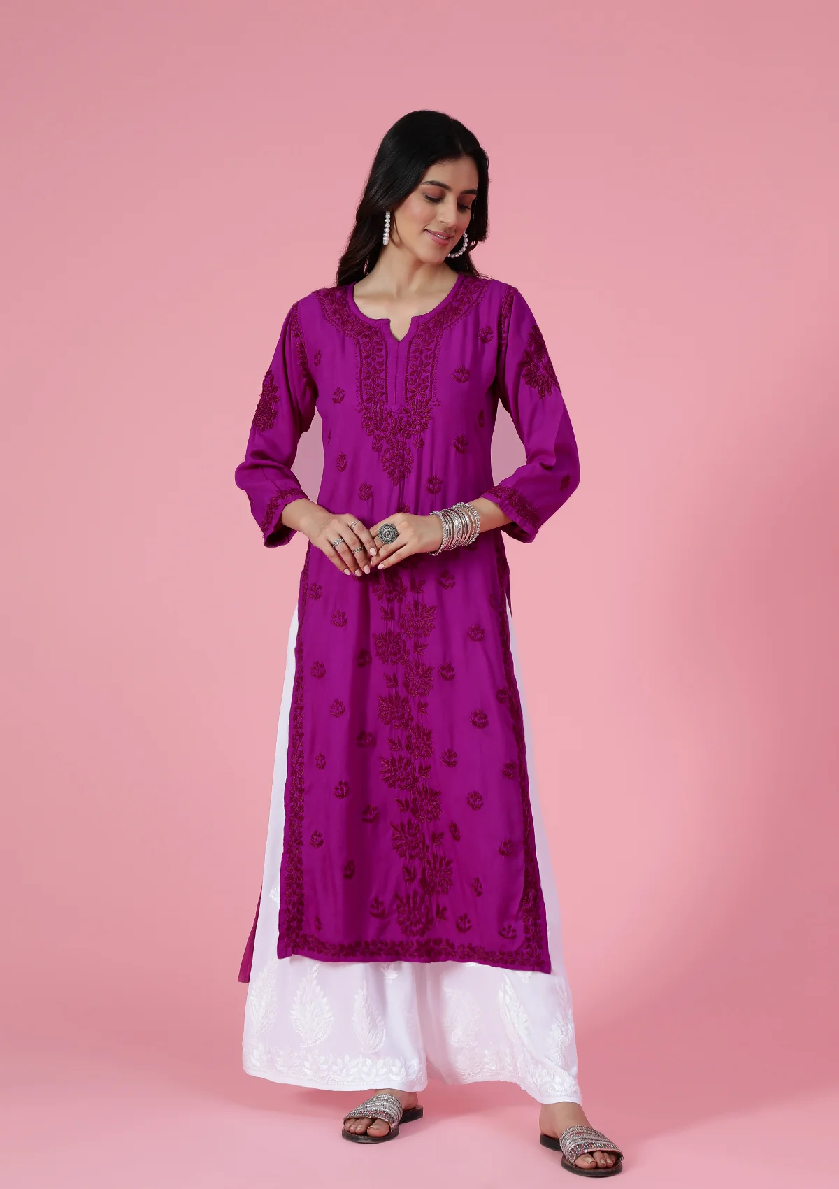 HOC Rayon Chikankari Solid Women's Long Kurta - Purple - Healthber