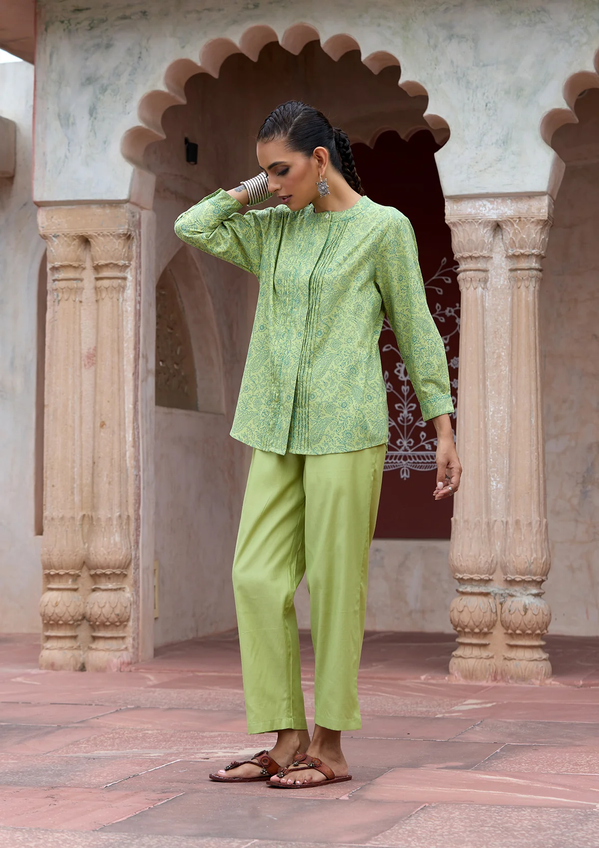 HOC Glazed Cotton Hand Block Printed with Hand Embroidery Women's 2 PC Co-ord Set - Green - Healthber