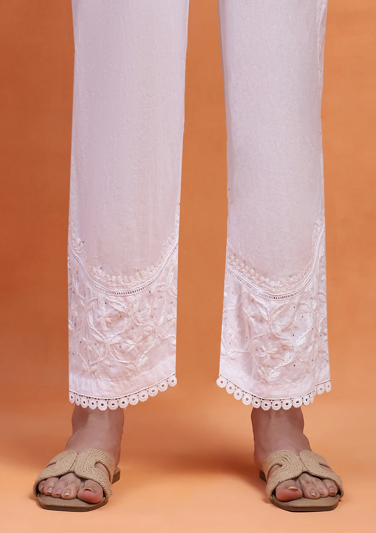 HOC Cotton Chikankari With Mukaish Solid Women's Palazzo - White - Healthber