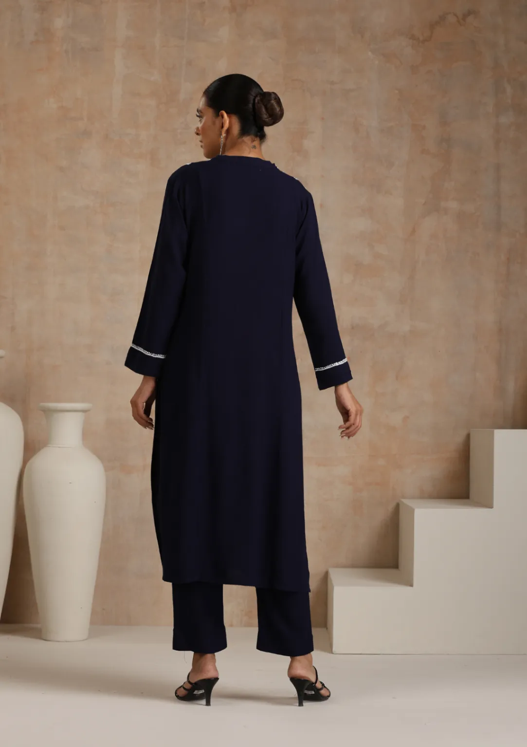 HOC Rayon Chikankari Solid Women's 2 PC Long Kurta Set - Navy Blue - Healthber