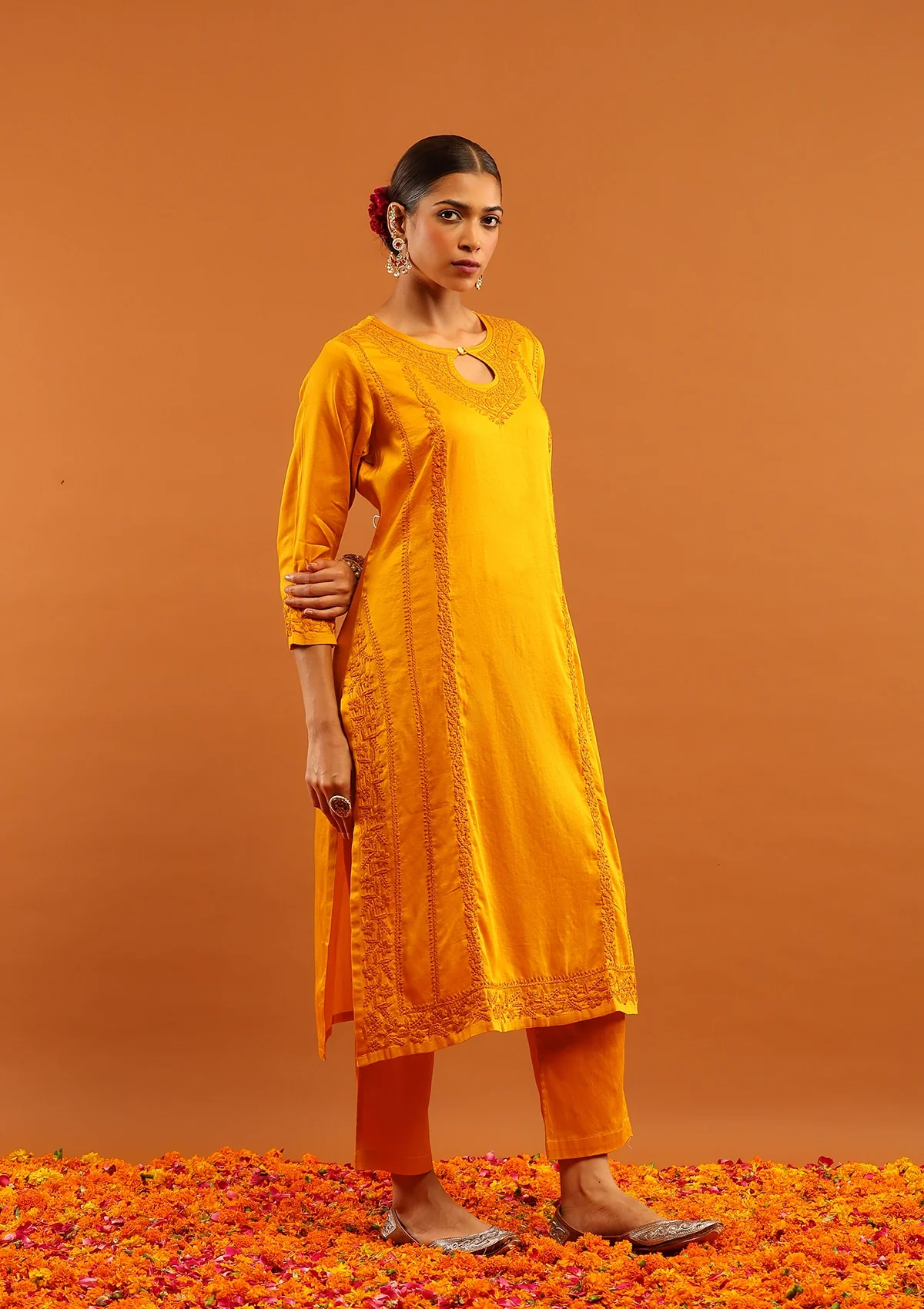 HOC Jaam Silk Chikankari Solid Women's 2 PC Long Kurta Set - Mustard - Healthber
